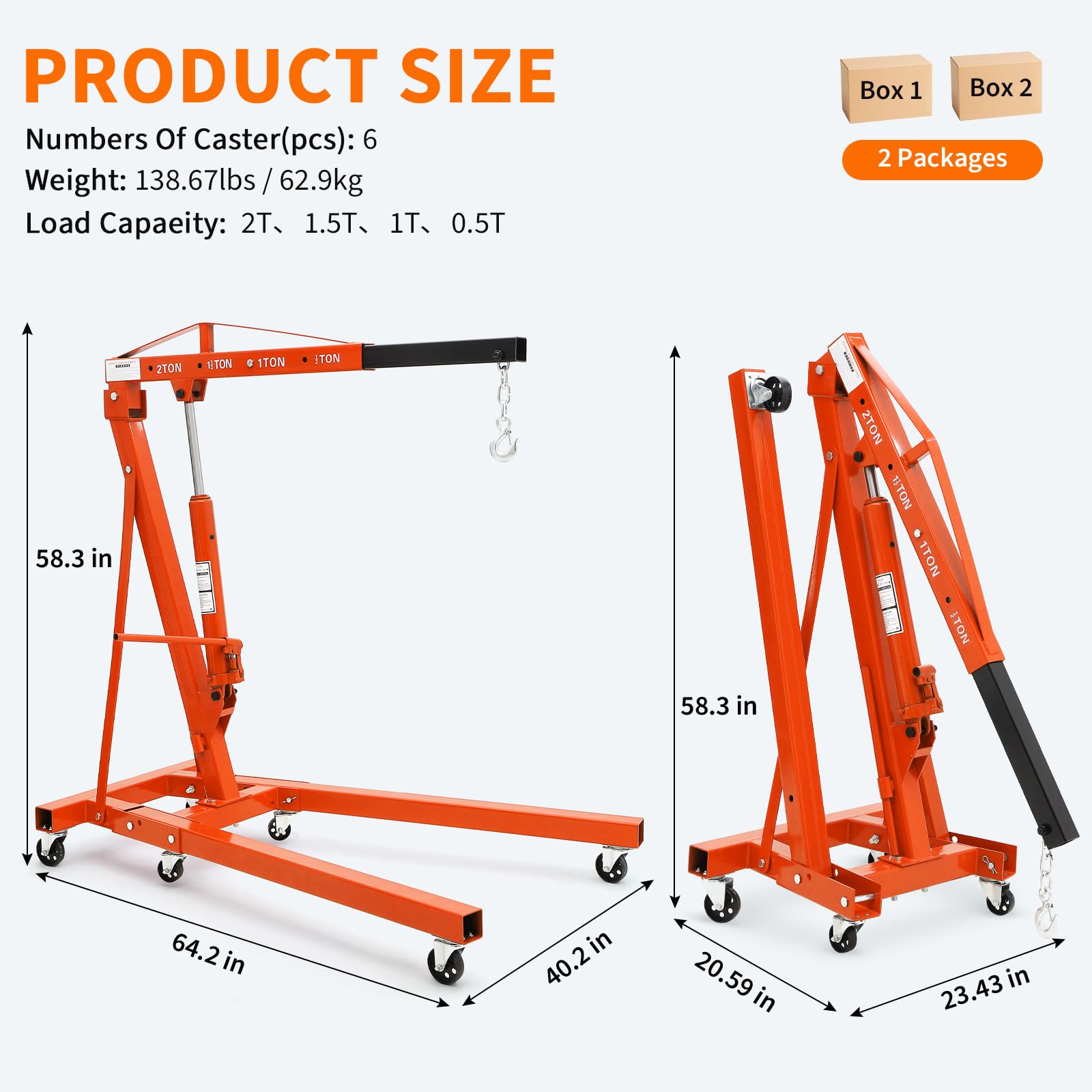 Garvee 2-Ton Hydraulic Folding Engine Hoist Cherry Picker – 4400 Lb Capacity, Telescoping Boom, 6 Caster Wheels – Heavy Duty Shop Crane for Automotive Repair, Garage & Workshop – Orange without stabilizer, 2T