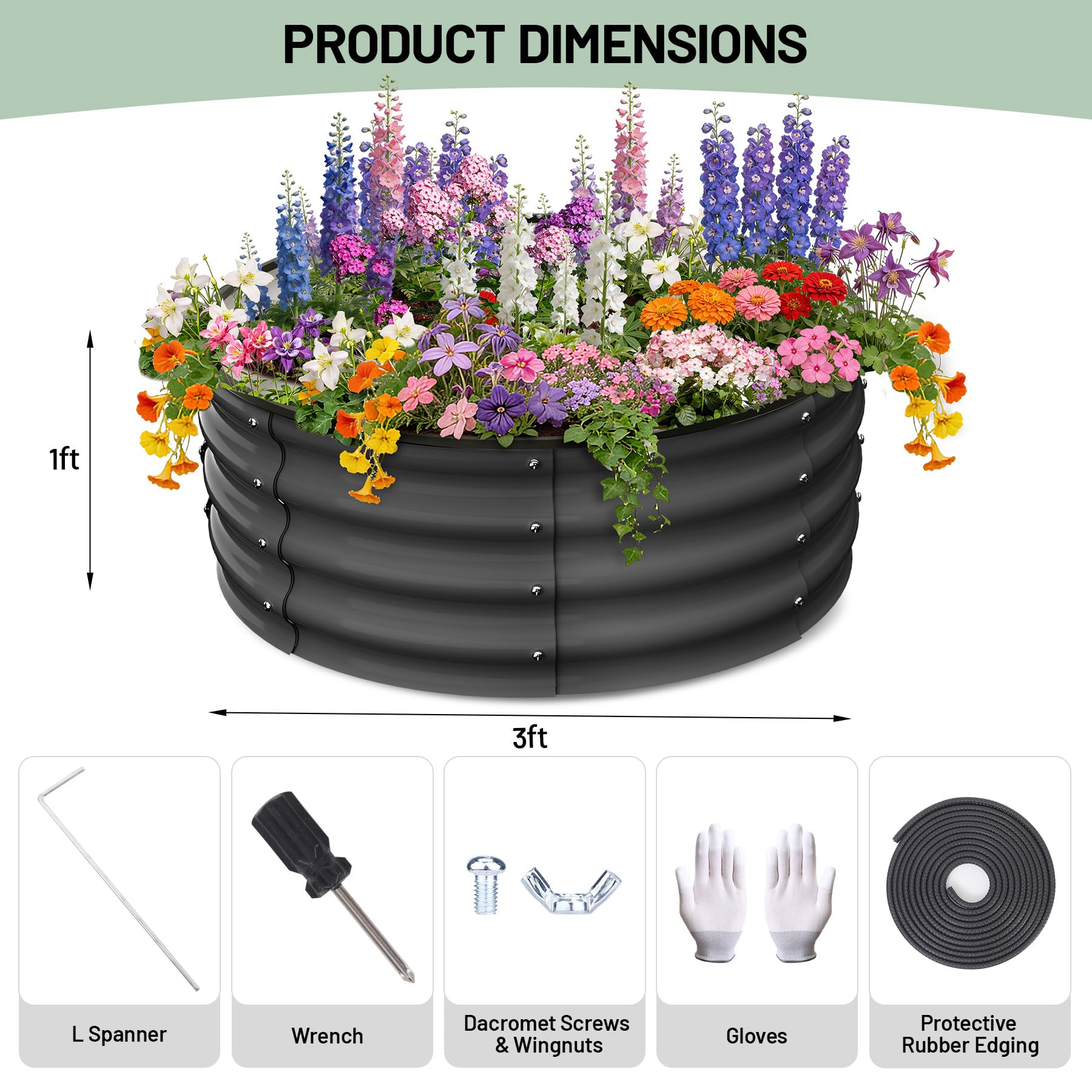Garvee Round Galvanized Raised Garden Bed 3x3x1FT Heavy Duty Metal Planter Open Bottom Design Weather Resistant Anti-Rust Circular Wave Shape for Vegetables