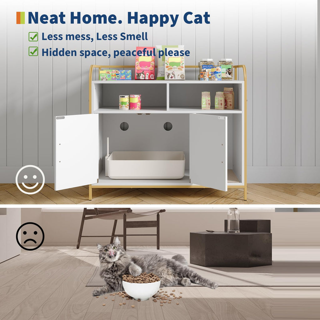 Garvee Cat Litter Box Enclosure, Wooden Cat Washroom Furniture with Barn Door, Storage Shelf and Top Display Shelf, Hidden Litter Box Cover, Dog Proof Feline Litter Boxes, Kitty House, Fits Most Litter Boxes, White