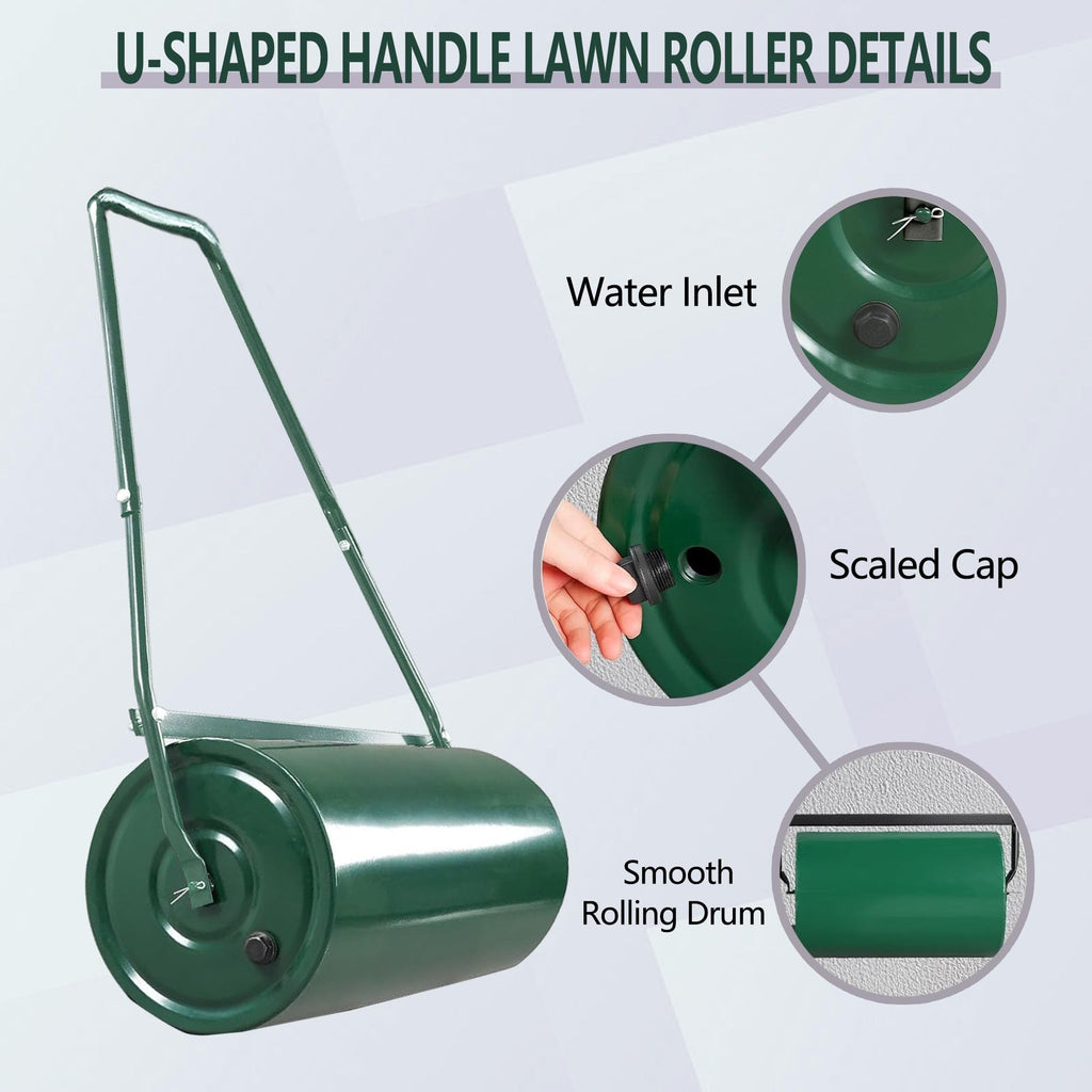 Garvee 9.5 Gallon Lawn Roller, Tow Behind & Push Steel Yard Roller for Lawn Leveling, Water/Sand Fill, U-Handle, Ideal for Seeding & Sod