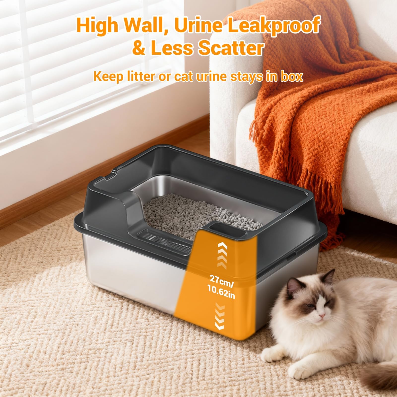 Garvee Large Stainless Steel Cat Litter Box, High Side Litter Box with Non-Stick, Scoop & Odor-Resistant, Metal Cat Pan for Multiple Cats, Rabbits & Small Pets, Easy to Clean, Blck
