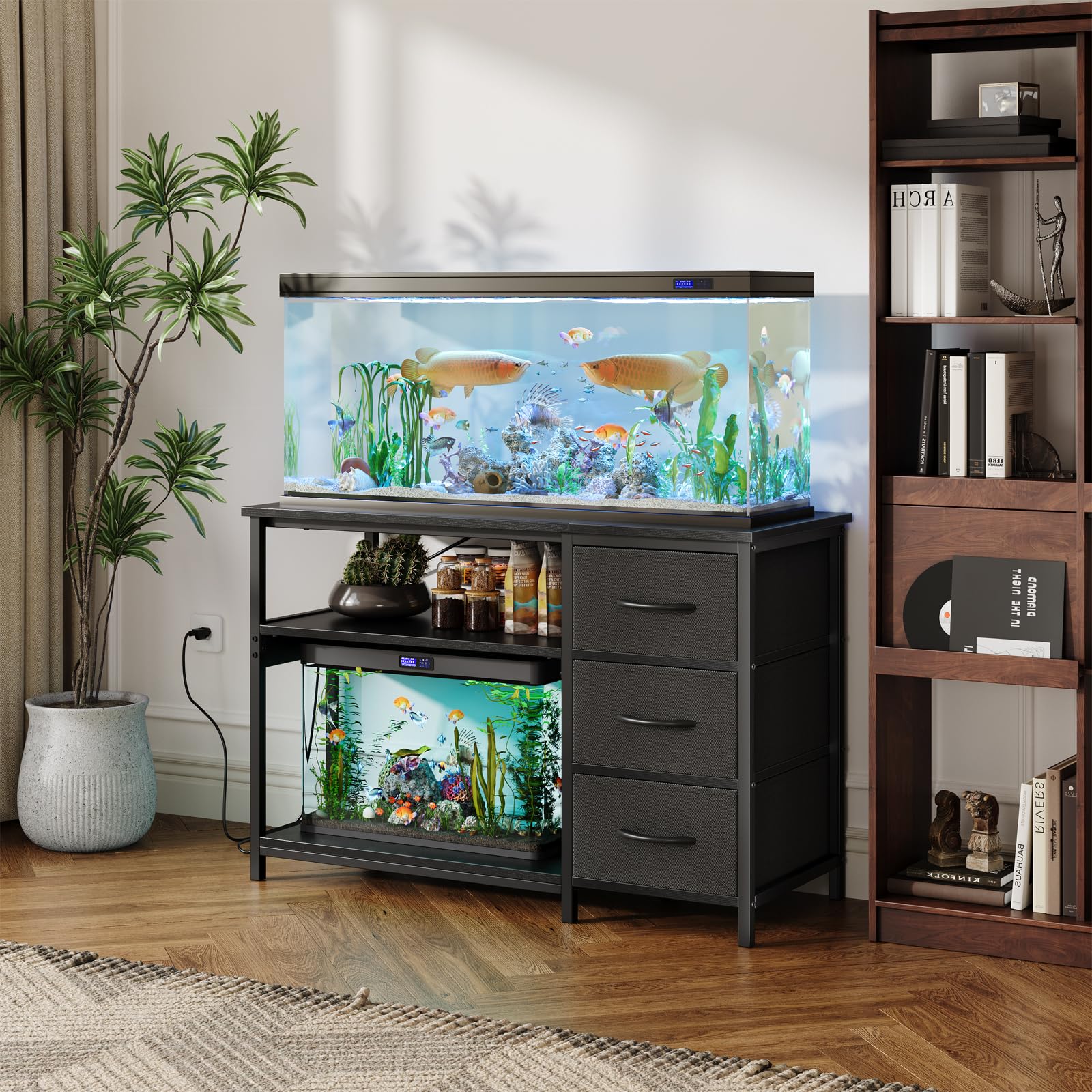Garvee 55-75 Gallon Aquarium Stand, Heavy Duty Fish Tank Stand with Drawers & Shelves, LED Light, 1000lbs Capacity, Fish & Reptile Tanks Stand with Power Outlet & USB