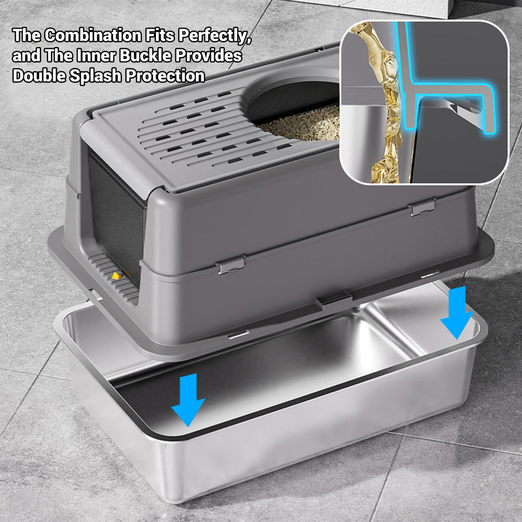 Garvee Extra Large Stainless Steel Cat Litter Box, High Enclosed Sides, Leak-Proof Turn Over Lid, Easy to Clean Large Enclosed Odor Control Litter Box for Cats & Rabbits, 8'' Deep Dark Gray