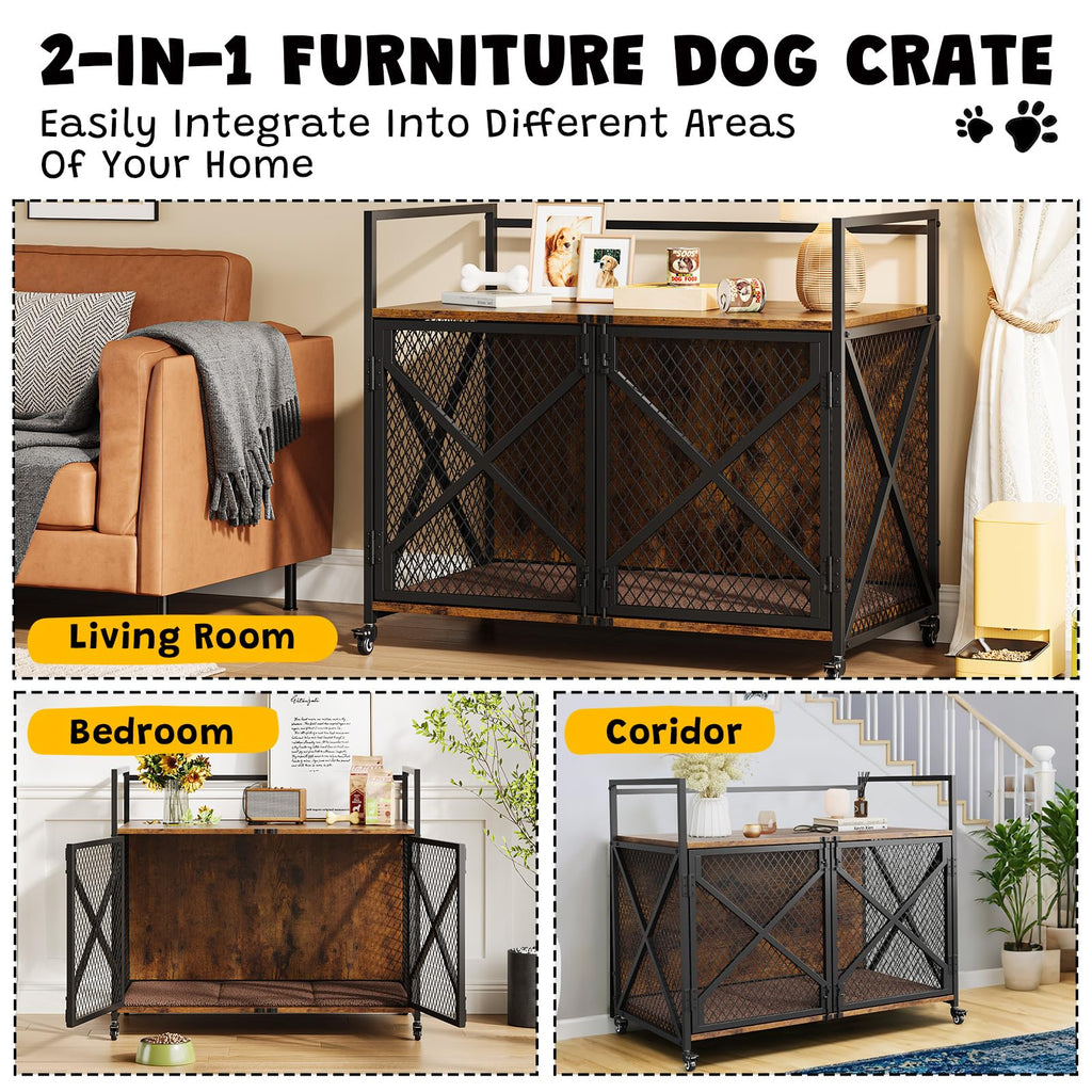 Garvee 31 Inch Dog Crate Furniture, Heavy Duty Dog Cage Furniture for Medium Dogs, Wooden Crates Indoor Kennels with Lockable 360° Wheels, Sturdy Dog Kennel Furniture Dog Crate with Divider