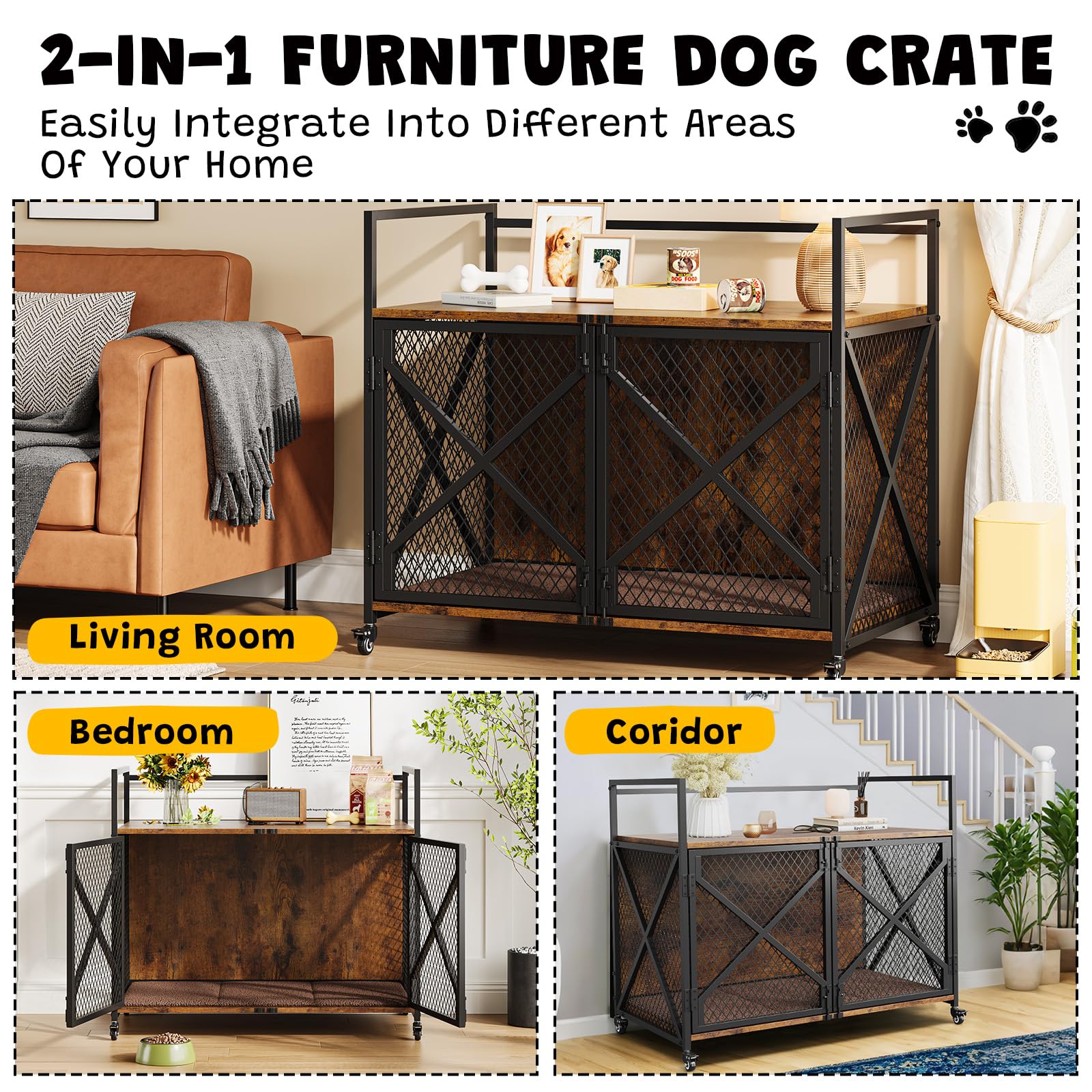 Garvee 31 Inch Dog Crate Furniture, Heavy Duty Dog Cage Furniture for Medium Dogs, Wooden Crates Indoor Kennels with Lockable 360° Wheels, Sturdy Dog Kennel Furniture Dog Crate with Divider