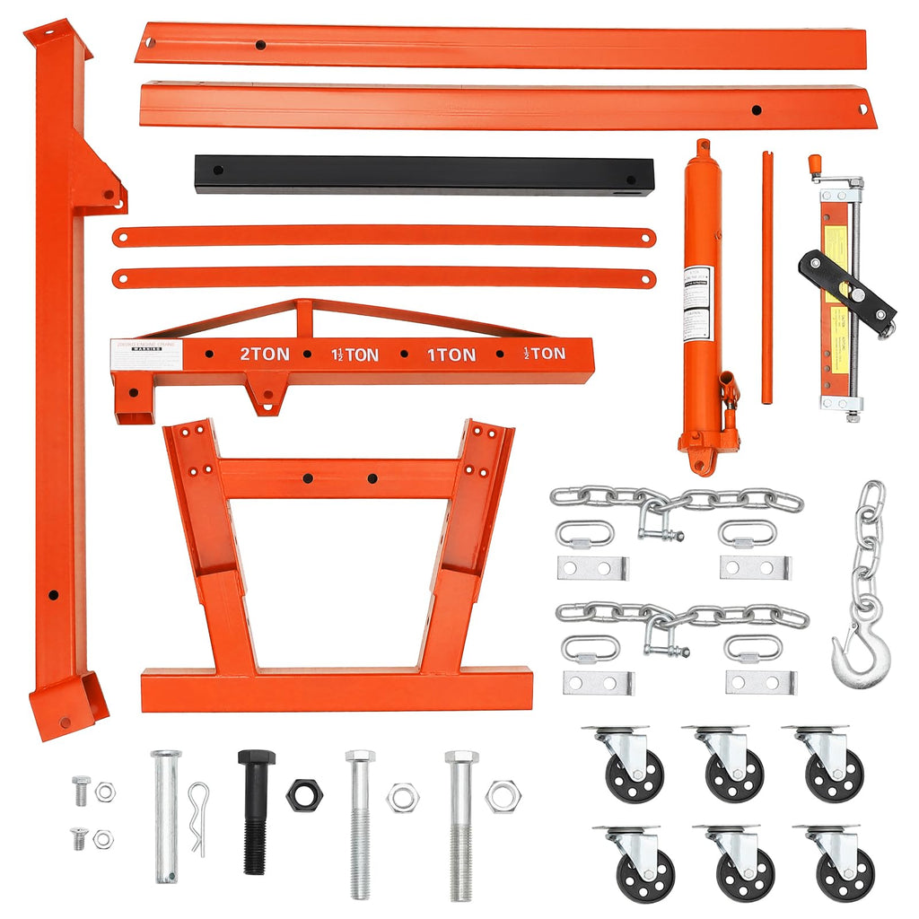 Garvee 2 Ton Folding Hydraulic Engine Hoist – Heavy Duty Cherry Picker – Adjustable Boom (0.5T-2T), Load Leveler, 4400 lbs Capacity – 6 Swivel Wheels, Hydraulic Pump – Engine Crane Lift for Garage, Workshop, Warehouse – Orange with Load Leveler