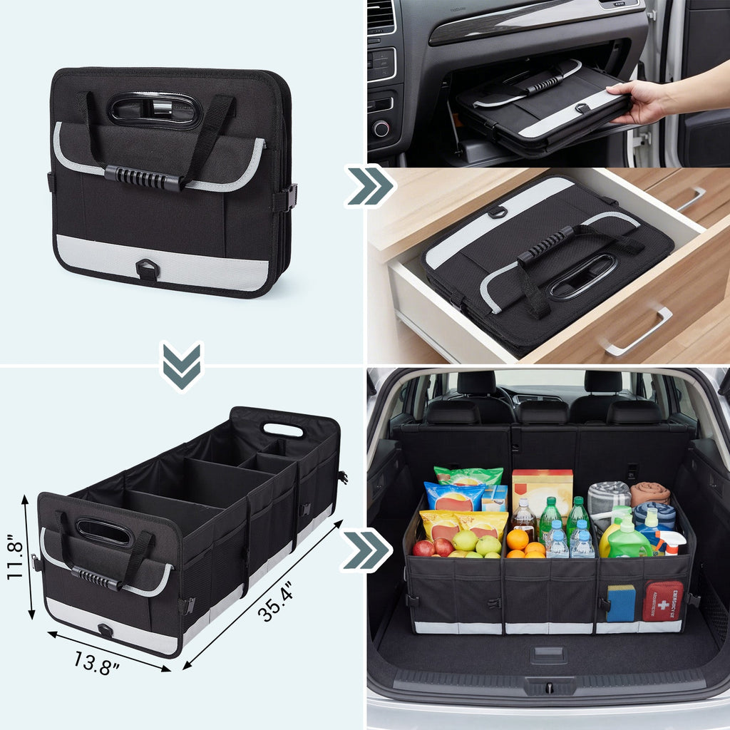 Garvee Heavy-Duty Car Trunk Organizer with Lid & Handles – Large Collapsible Storage Bag – Non-Slip, 3 Compartments – For SUV, Truck, Pickup Bed, Black Gray