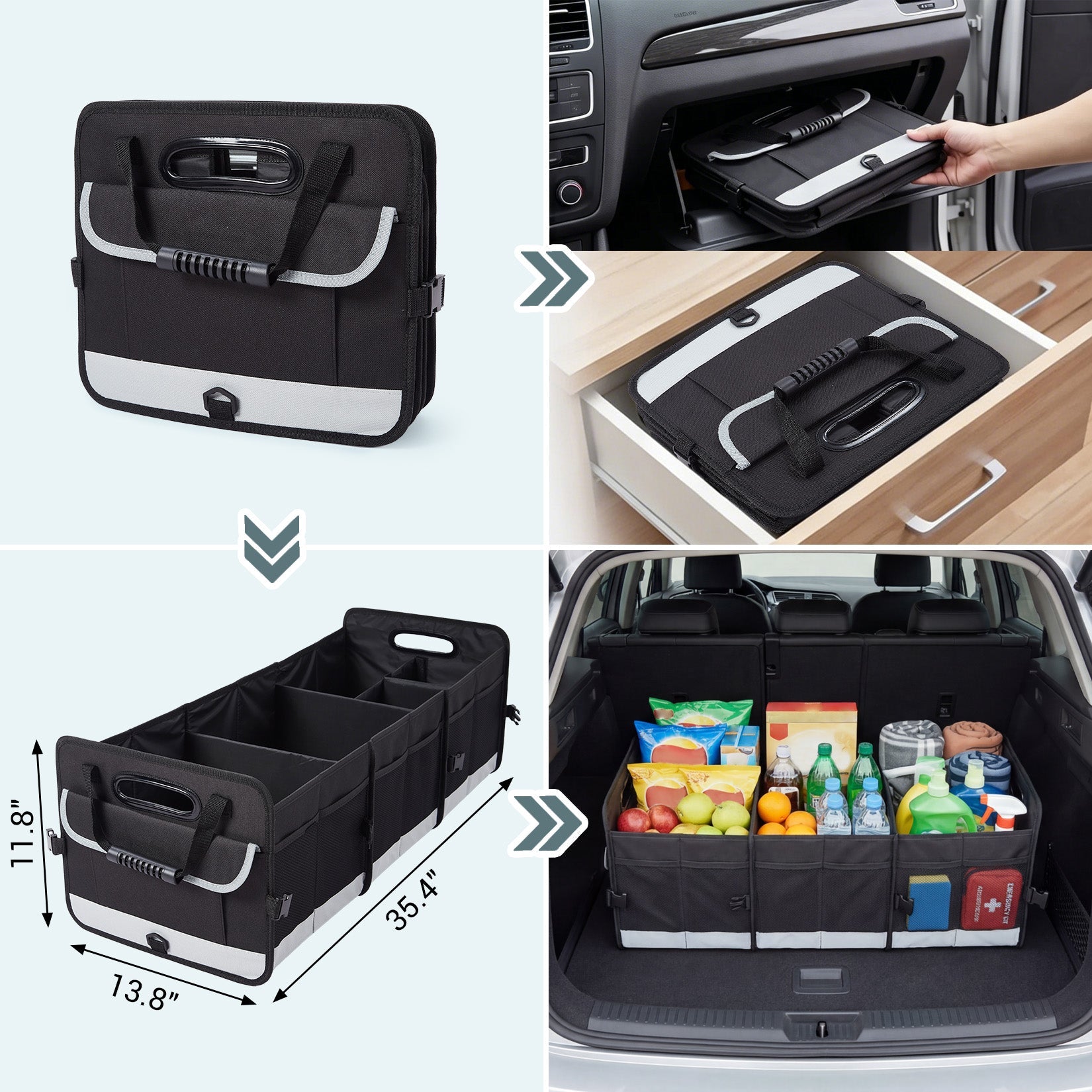 Garvee Heavy-Duty Car Trunk Organizer with Lid & Handles – Large Collapsible Storage Bag – Non-Slip, 3 Compartments – For SUV, Truck, Pickup Bed, Black Gray