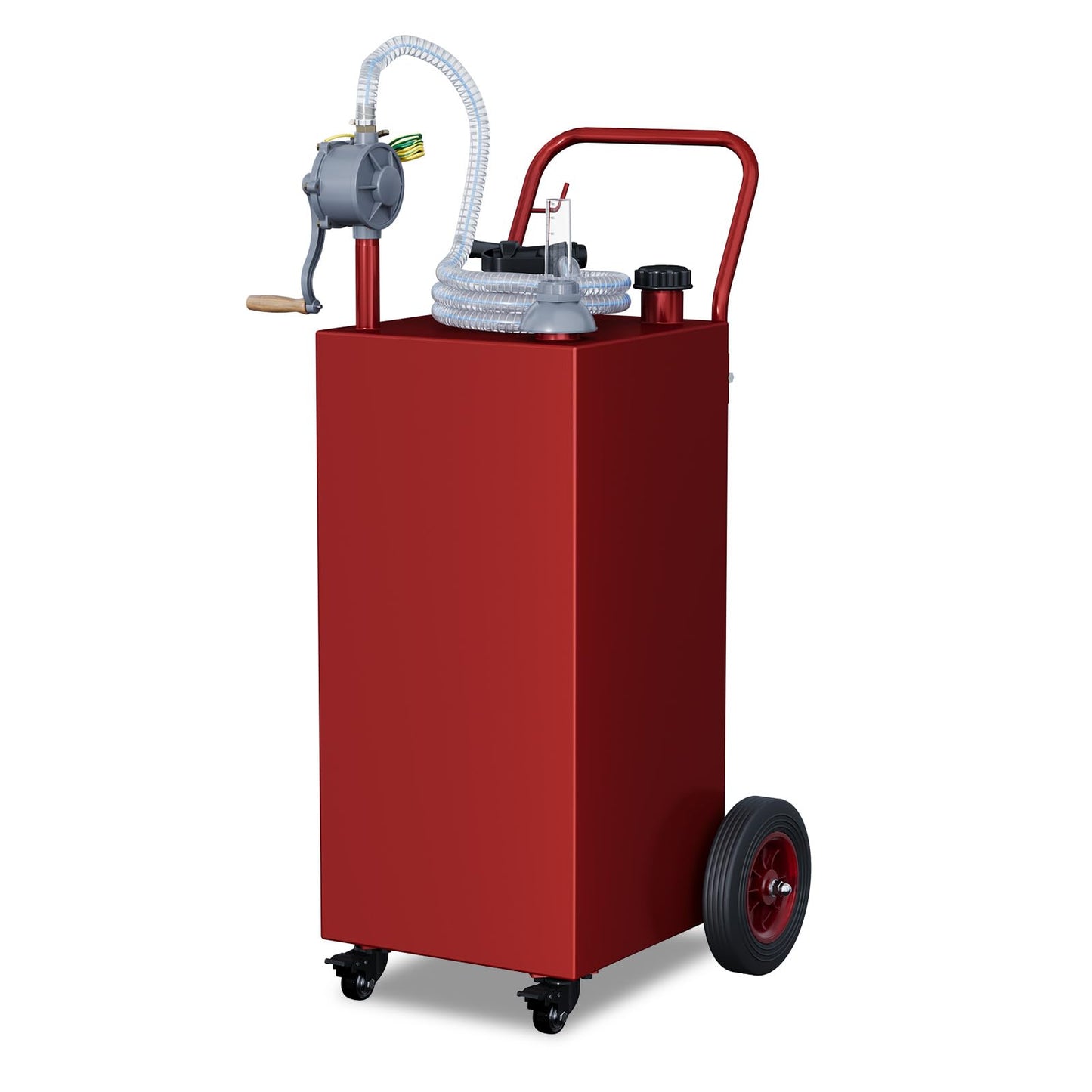 Garvee 35-Gallon Portable Fuel Tank Gasoline Diesel Storage with Manual Rotary Pump Carbon Steel Anti-Static Clamp Four Wheels for Outdoor Use, Red