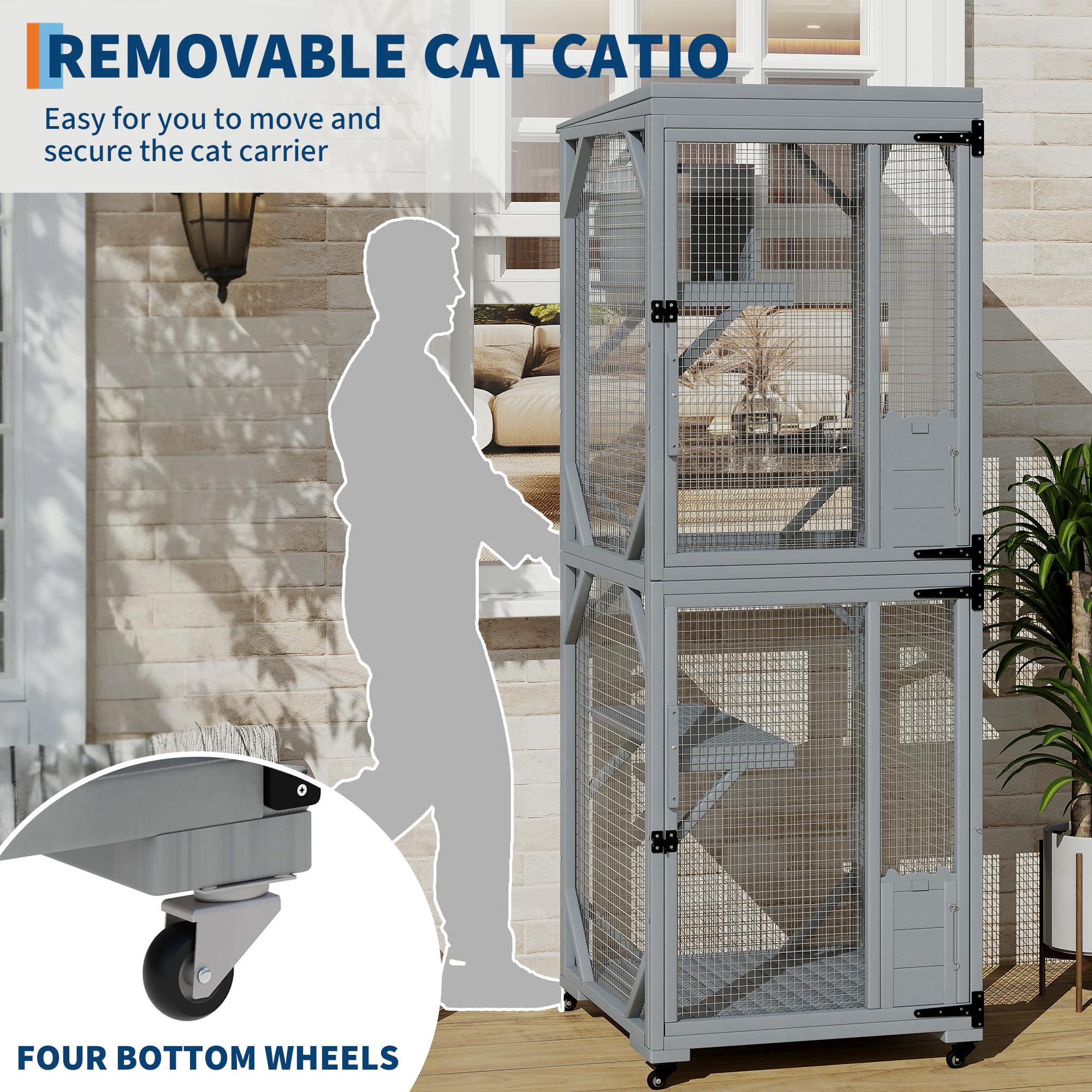 Garvee Outdoor Cats House with 4 Wheels, Walk-in Cat Cage, Catio Outdoor Enclosure Extra Large