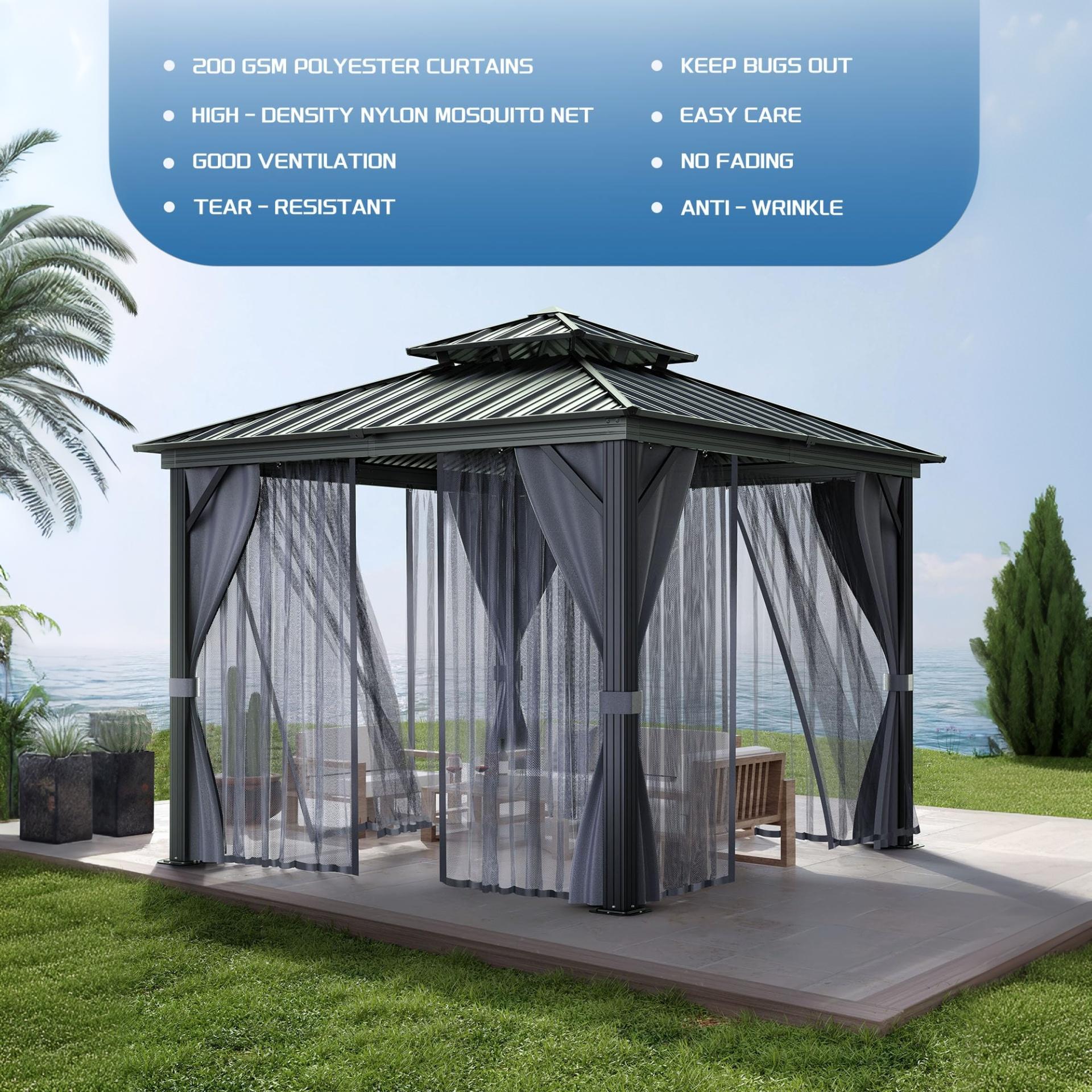 Garvee 10x10 ft Hardtop Gazebo, All-Weather Aluminum Alloy Frame Outdoor Pavilion with Double 27-Gauge Steel Roof, Curtains & Mosquito Netting for Patio, Deck & Backyard, Gray