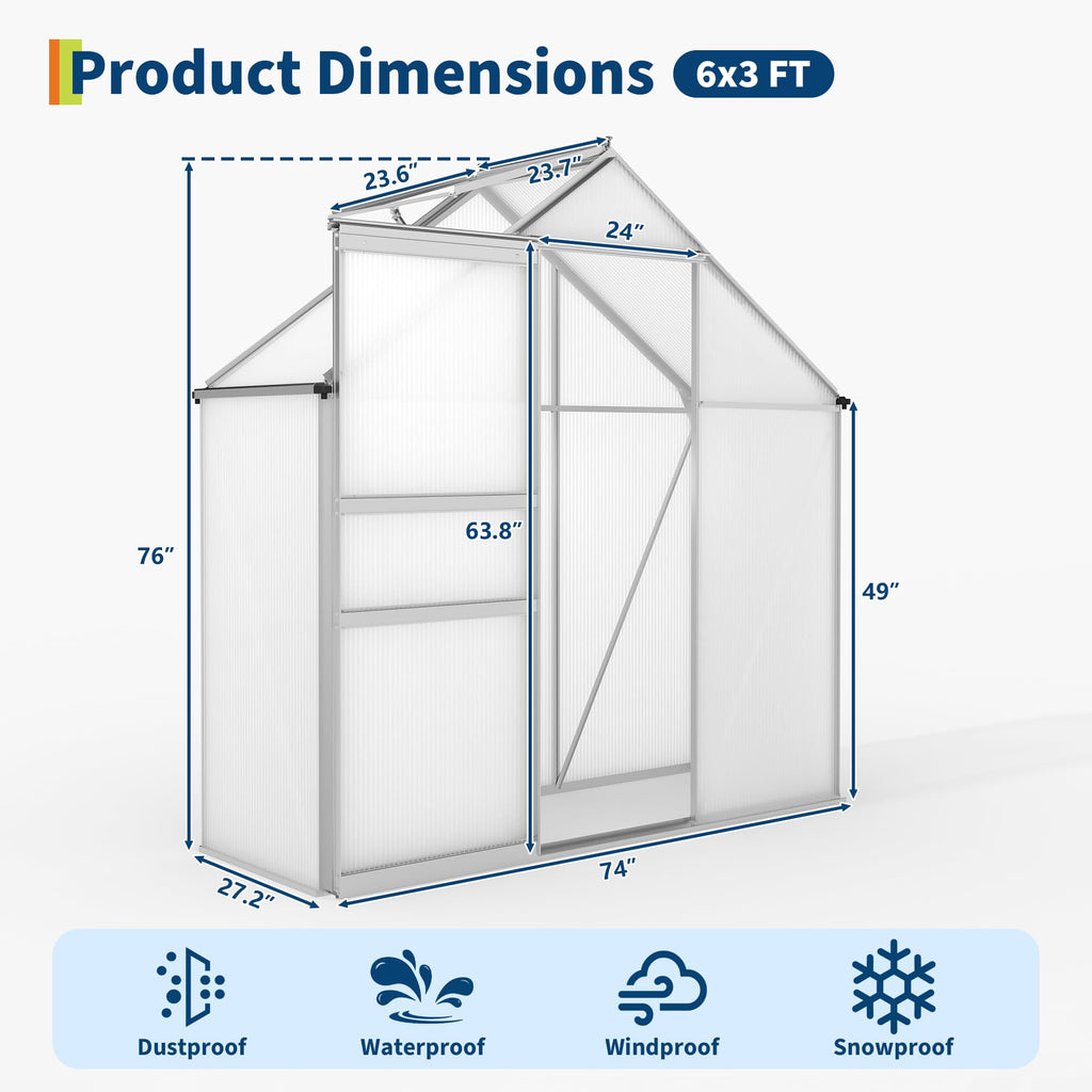 Garvee 6 x 3 FT Walk-In Greenhouse, 4 mm Twin-Wall Polycarbonate Panels, Aluminum Frame, Roof Vent, Sliding Door & Rain Gutters, Silver