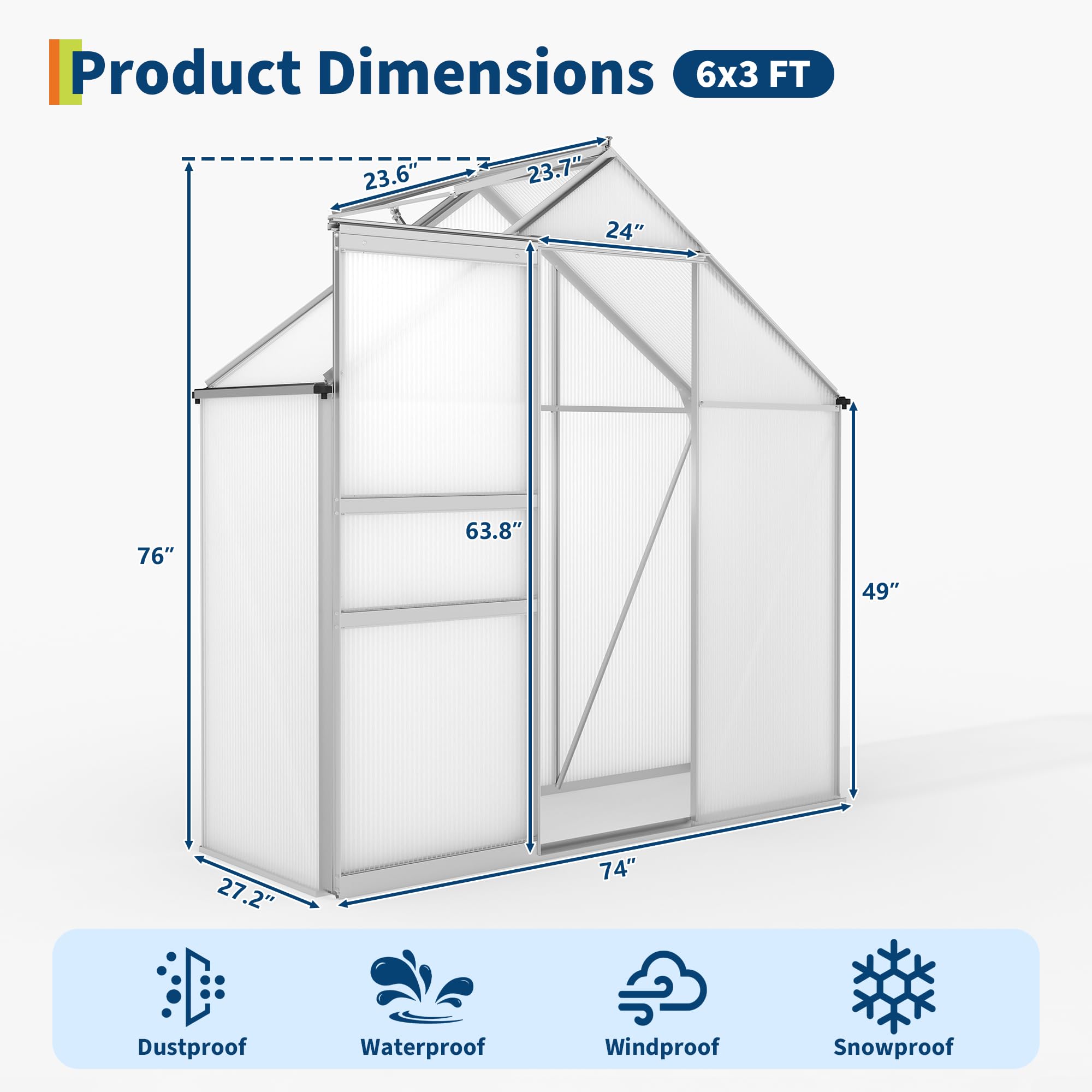 Garvee 6 x 3 FT Walk-In Greenhouse, 4 mm Twin-Wall Polycarbonate Panels, Aluminum Frame, Roof Vent, Sliding Door & Rain Gutters, Silver