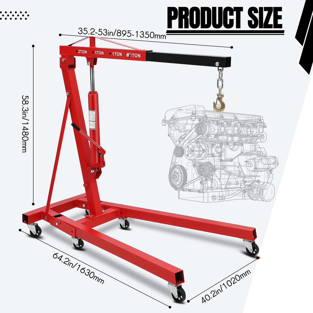 Garvee Heavy Duty 2 Ton Hydraulic Folding Engine Hoist Cherry Picker - Telescopic Boom - 6 Swivel Casters - Engine Lift for Workshop, Warehouse, Auto Repair - Red | Packaged version