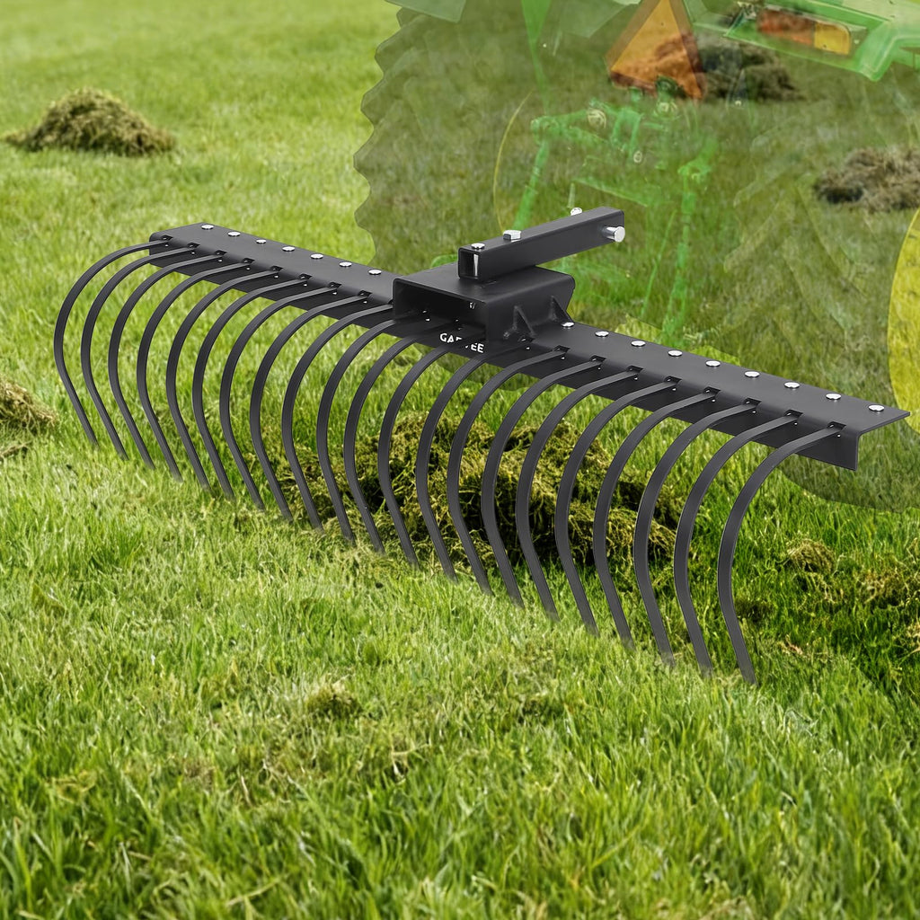 Garvee 60" Tow Behind Landscape Rake with 21 Steel Coil Tines, Heavy Duty Pull Behind Lawn Dethatcher Rake Attaches to 48" or 60" Toolbars and 3-Point Suspension Systems for Leaves, Pine Needles