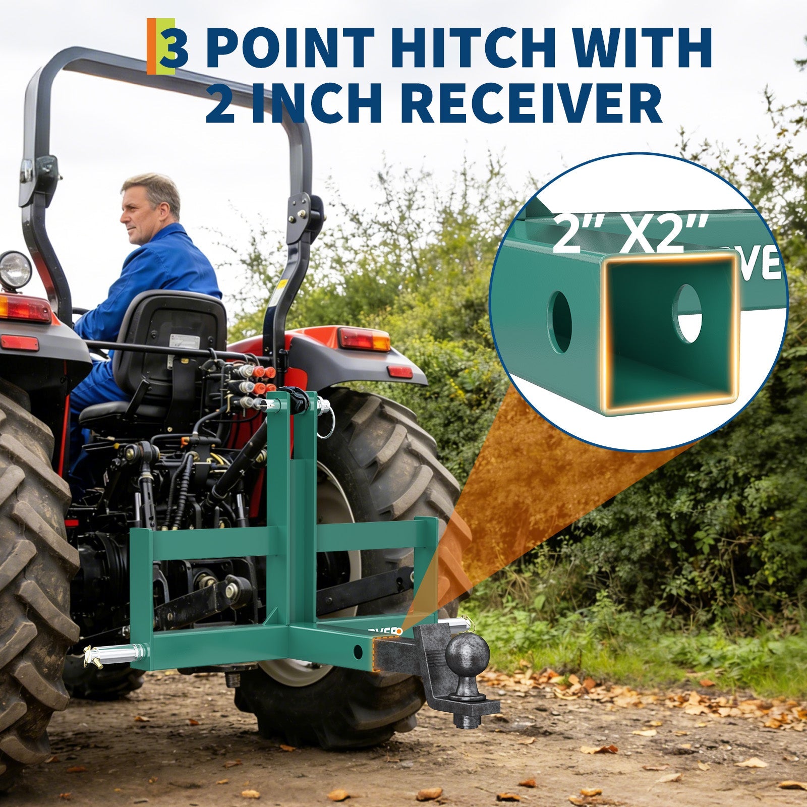 Garvee Robust 3 Point Trailer Hitch Receiver for Tractor – 2" Category 1 Quick Hitch Drawbar Adapter – Includes Suitcase Weight Brackets – Green