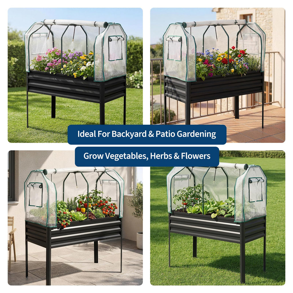 Garvee Elevated Raised Garden Bed, 48 x 24 x 56-Inch Galvanized Metal Planter with Greenhouse Cover, Bird Net and 4 Plant Signs for Patio Gardening, Black