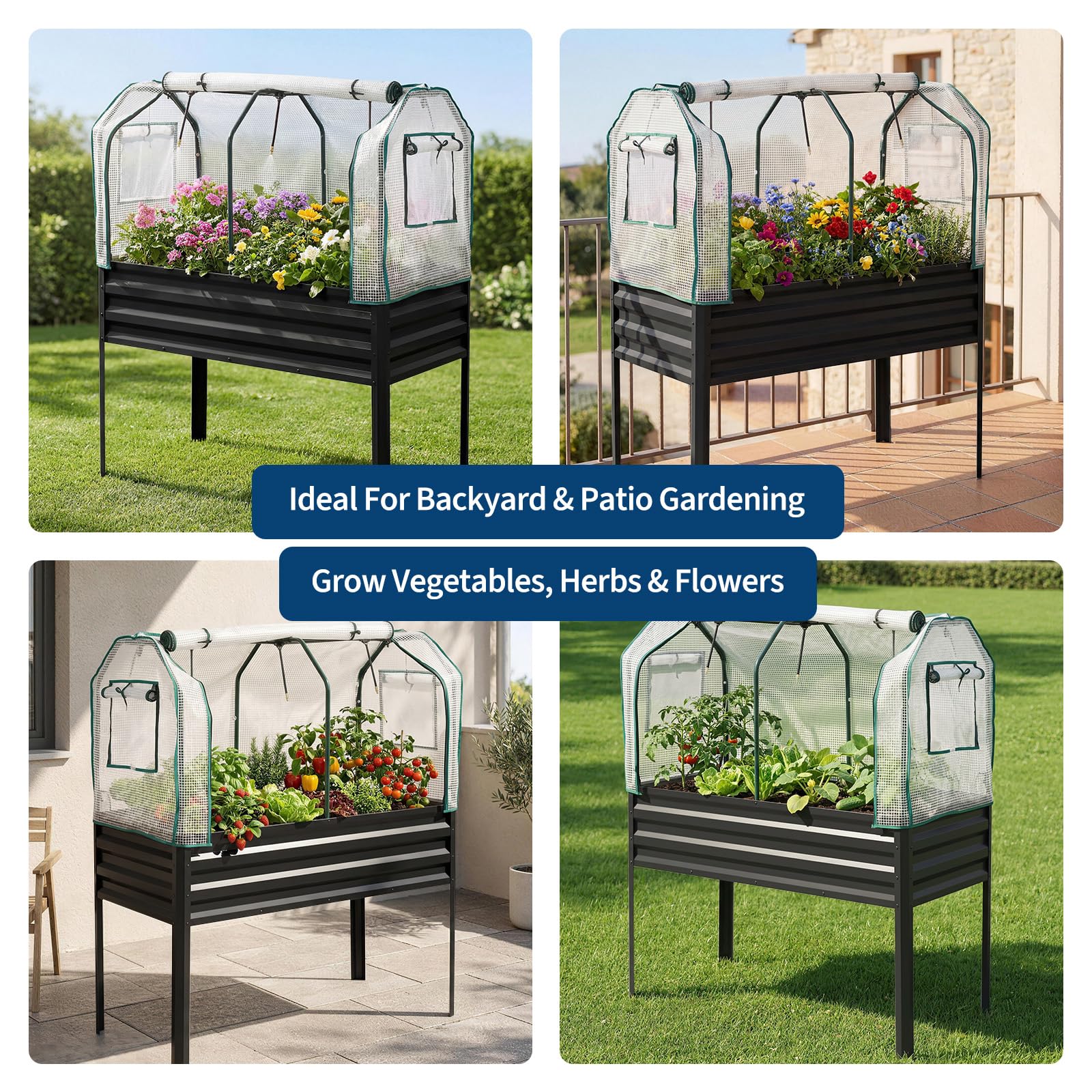 Garvee Elevated Raised Garden Bed, 48 x 24 x 56-Inch Galvanized Metal Planter with Greenhouse Cover, Bird Net and 4 Plant Signs for Patio Gardening, Black