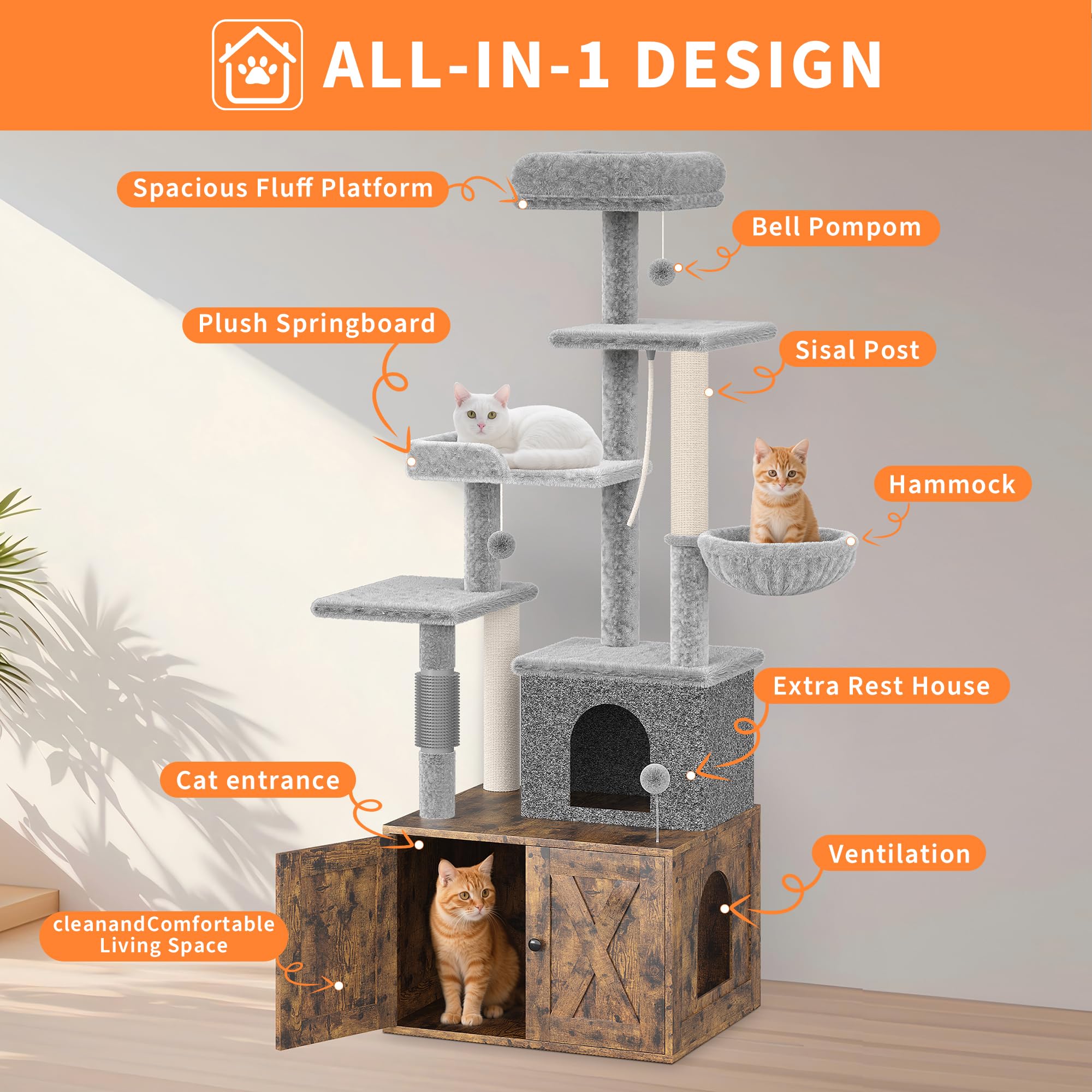Garvee Litter Box Enclosure with Cat Tree, 2 in-1 Modern Cat Tower, Hidden Washroom Furniture, Wood Cat Condo with Scratching Post and Hammock, Indoor Pet Furniture with Multiple Platform, Retro Brown
