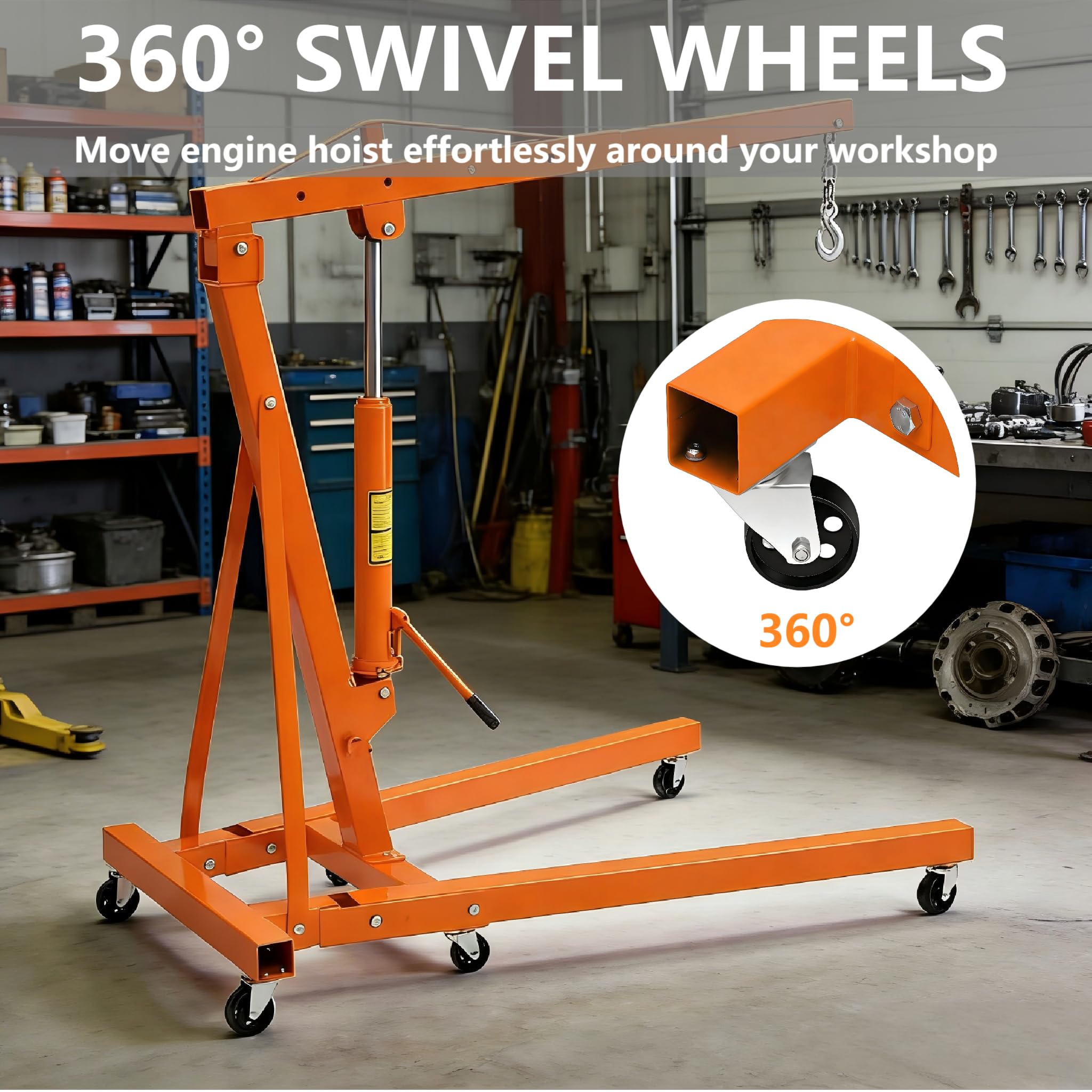 Garvee 2-Ton Engine Hoist - 4400 lbs Folding Hydraulic Cherry Picker, Heavy-Duty Shop Crane with 6 Caster Wheels and 4 Adjustable Boom Positions for Warehouse, Garage, and Workshop, Orange