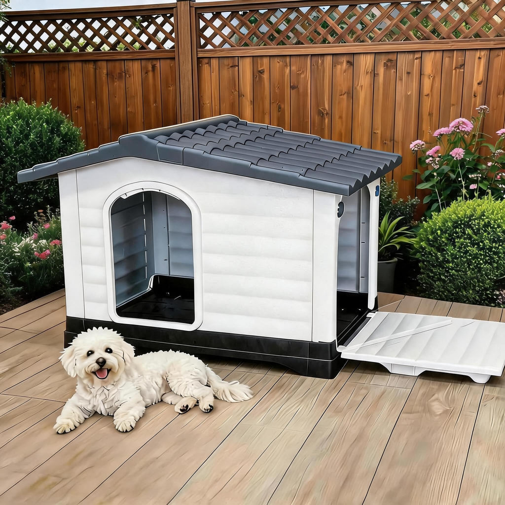 Garvee 2-Door Small Dog House for Indoor and Outdoor Dog House with Fold-Out Porch Elevated Base, Waterproof Pet House for Small and Medium Dogs, Easy Assembly, Gray (31''L x 21''W x 26''H)