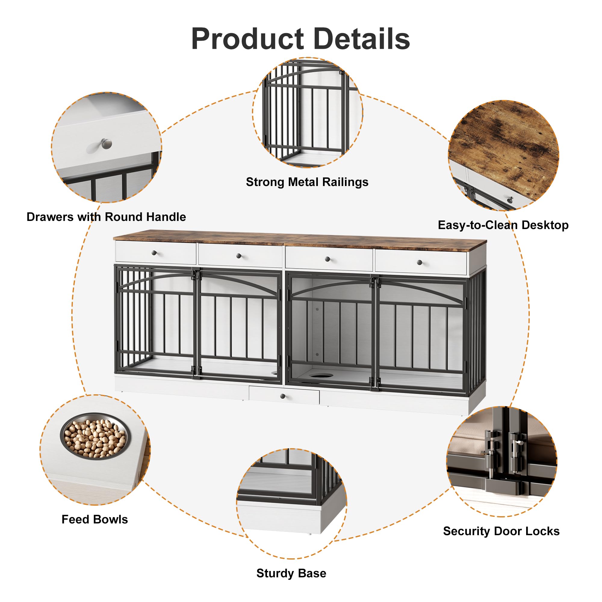 Garvee 78.7" Double Dog Crate Furniture with Storage and 4 Doors, Dog Kennel Indoor with Feeding Bowls, Wood Dog Crate TV Stand for Small Medium Dogs, White&Brown Top
