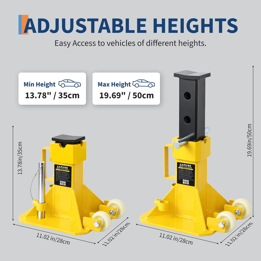 Garvee 22 Ton Jack Stands, Heavy-Duty Pin-Type Car Jack Stands with Lock, 2 Caster Wheels, Wide Base Safety Design, Adjustable Height (13.8"-19.7") for Trucks, Trailers, and Equipment, Yellow