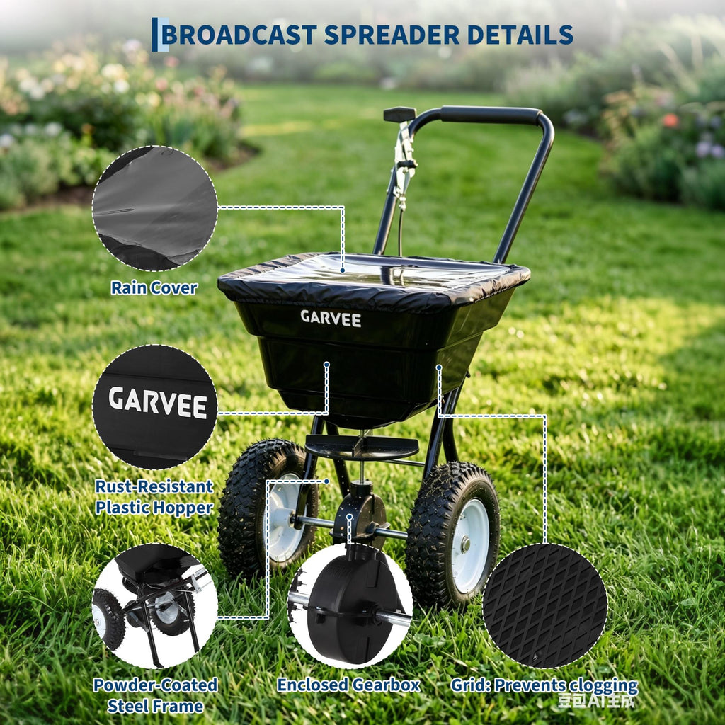 Garvee 80 lb Push Broadcast Spreader, Walk-Behind Lawn & Garden Spreader with 29 L Hopper, 0–12 ft Coverage, 13" All-Terrain Wheels & 20-Level Flow Control for Seed, Fertilizer, Salt & Ice Melt, Black
