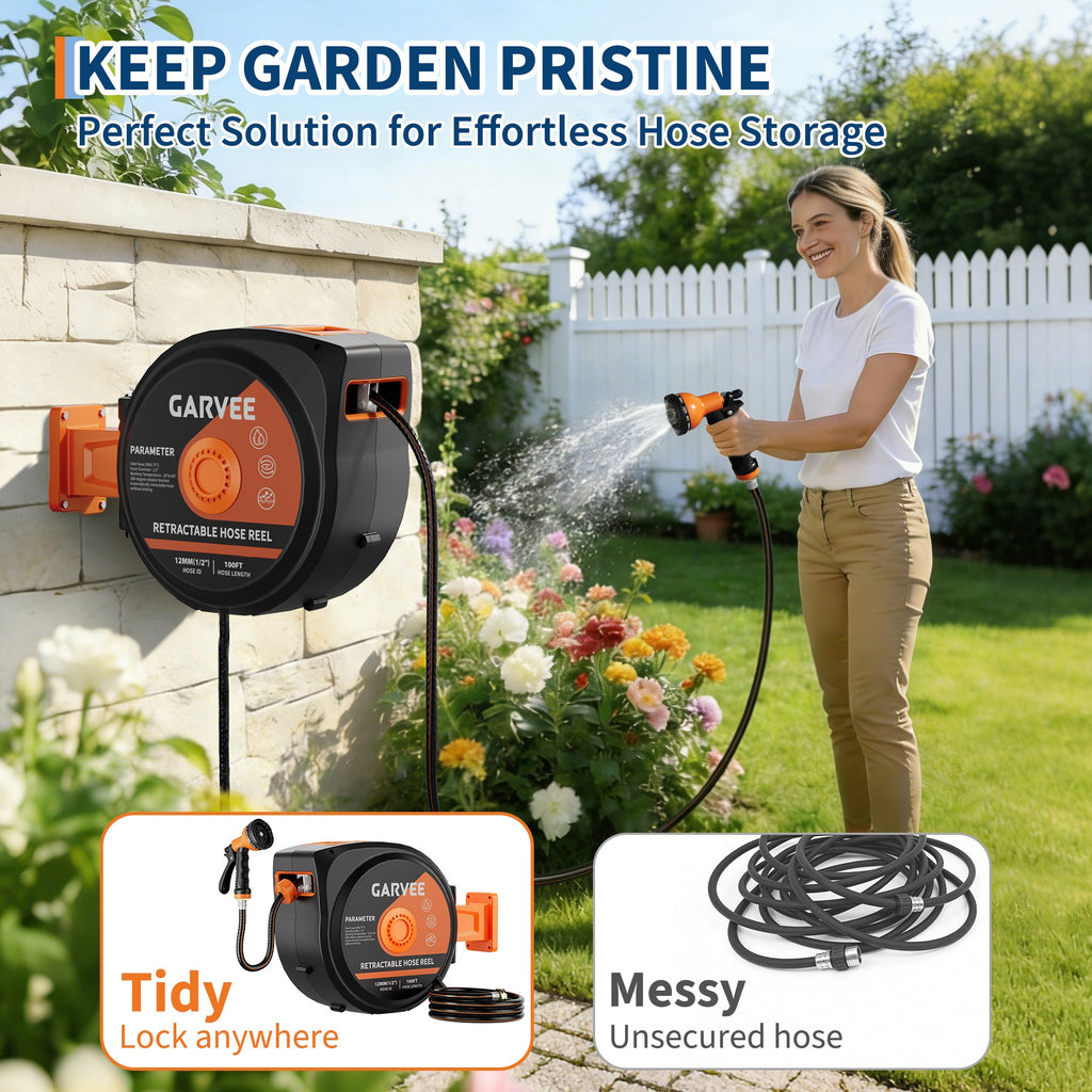 Garvee 100ft Retractable Garden Hose Reel, 1/2" Wall Mounted Hose Reel with Auto Rewind, Any-Length Lock, 180° Swivel Bracket, 10-Pattern Nozzle, Heavy Duty Outdoor Hose Storage