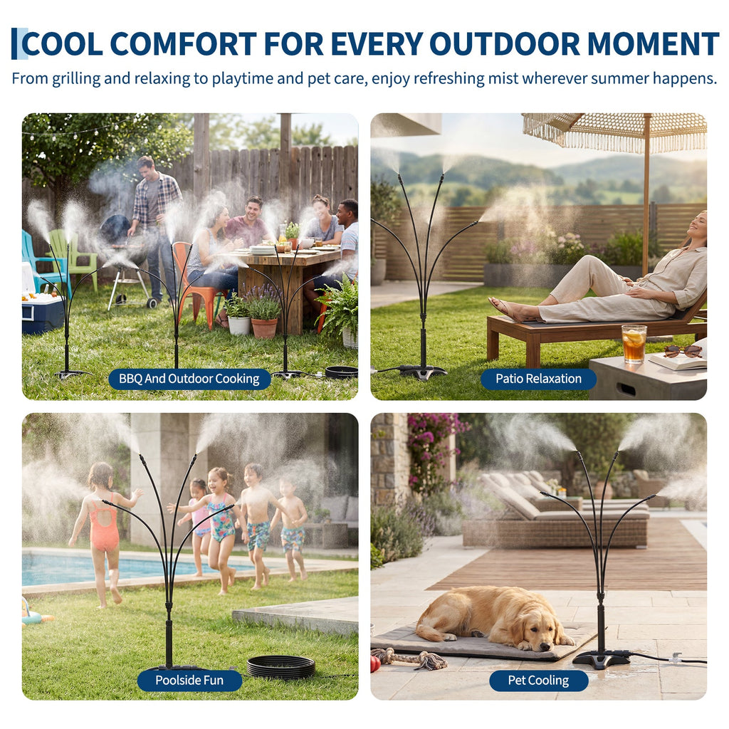 Garvee Outdoor Misting System, 32.8 FT Hose with 4 Adjustable Mist Heads, 5 Connectors and Built-In Switch for Patio, Lawn and Poolside, Black