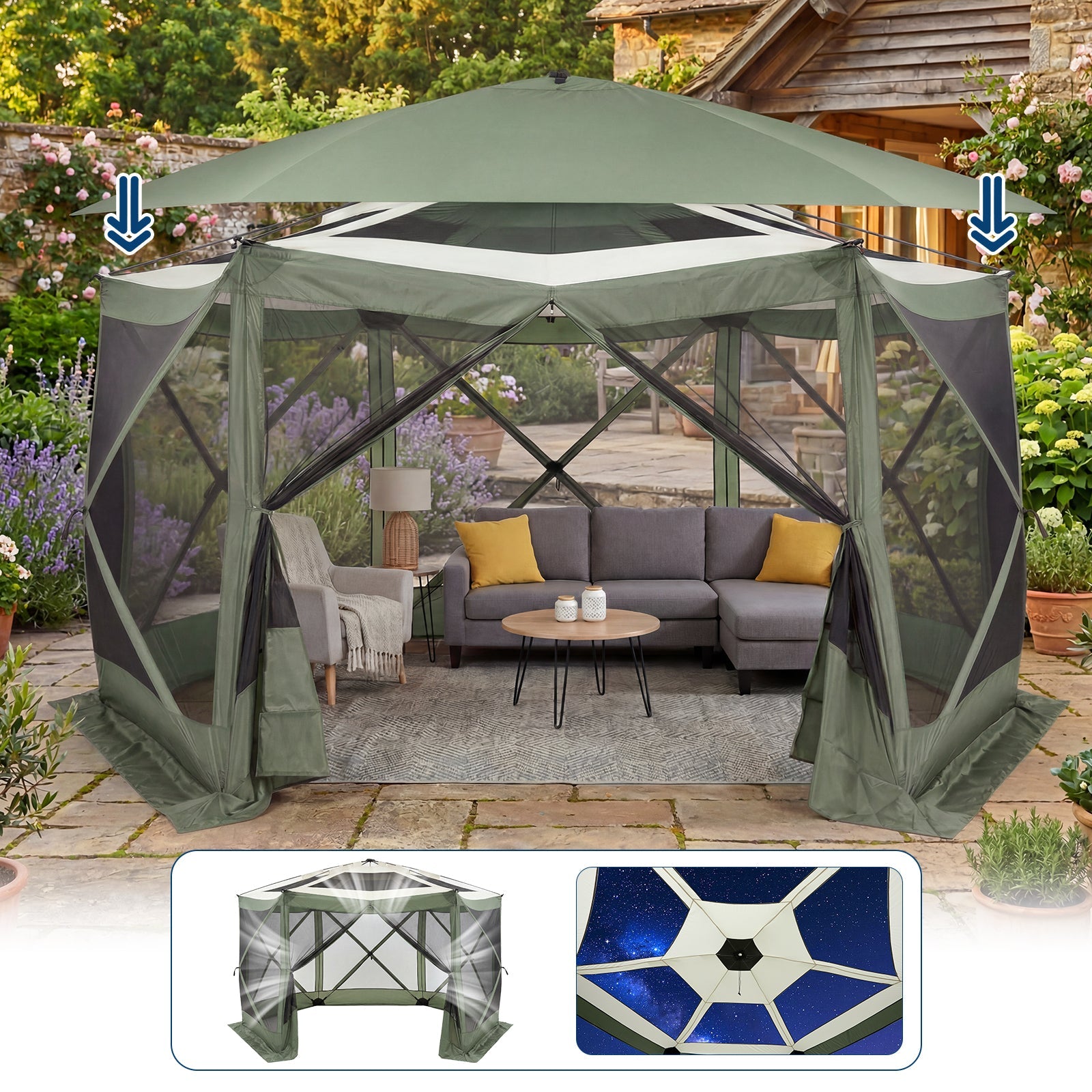 Garvee Screen Gazebo Tent, 13 x 13 FT 6-Sided Canopy for 8-10 People with 7.5 FT Height, Removable Wind Cloth and Carry Bag for Camping, Green and Light Gray