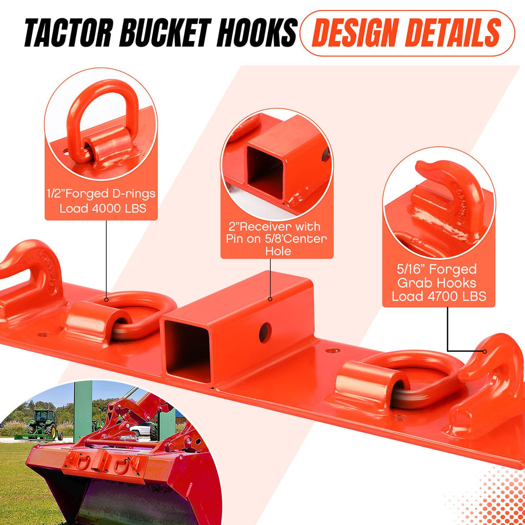 Garvee Tractor Bucket Grab Hooks Heavy Duty Bolt-On 2" Receiver Forged Steel Safety Design Compact Fit 1025R 2320 2520 2720 Suitable for Heavy Load Towing