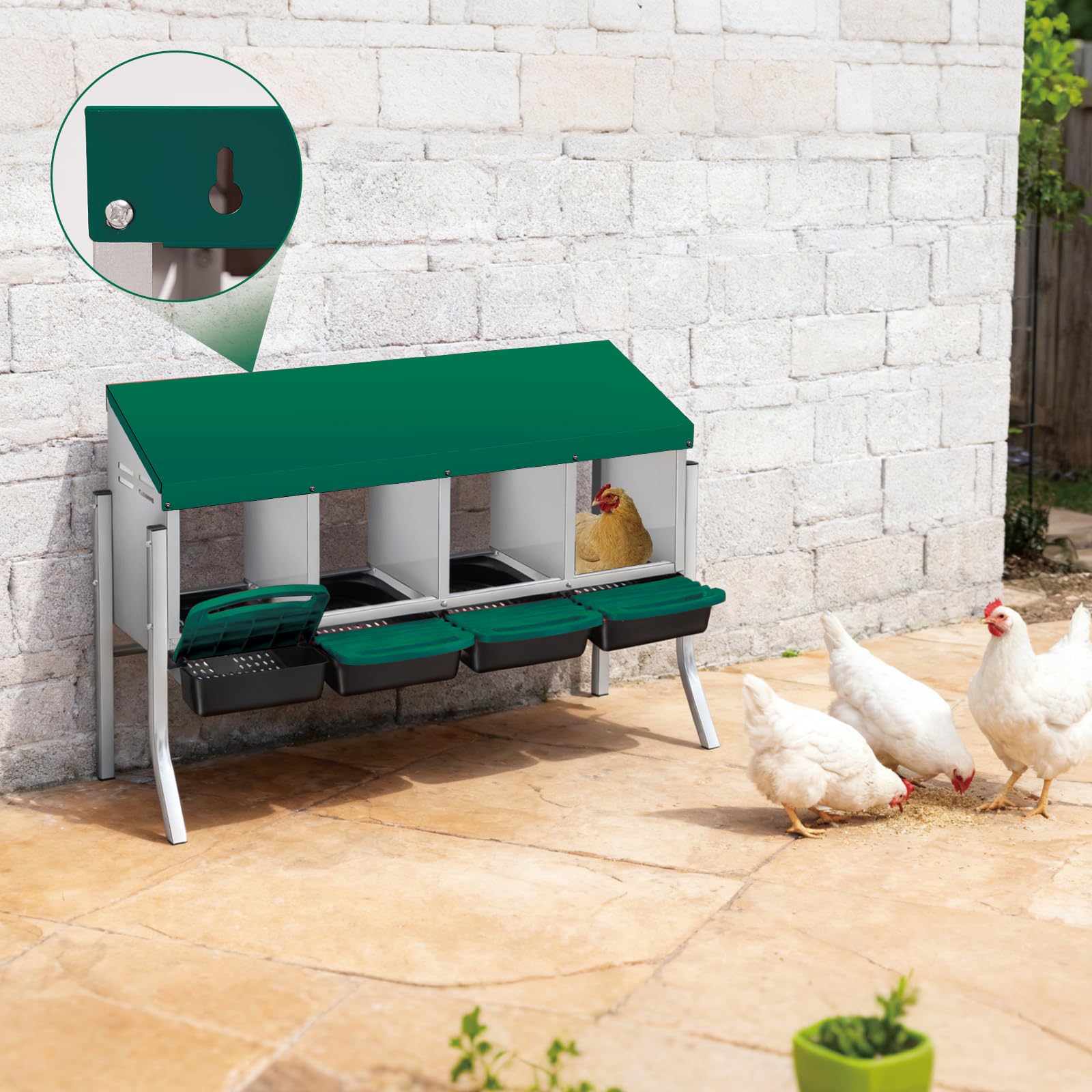 Garvee Heavy-Duty 4-Compartment Chicken Nesting Box – Roll Away Egg Collection Tray, Galvanized Steel (Green)