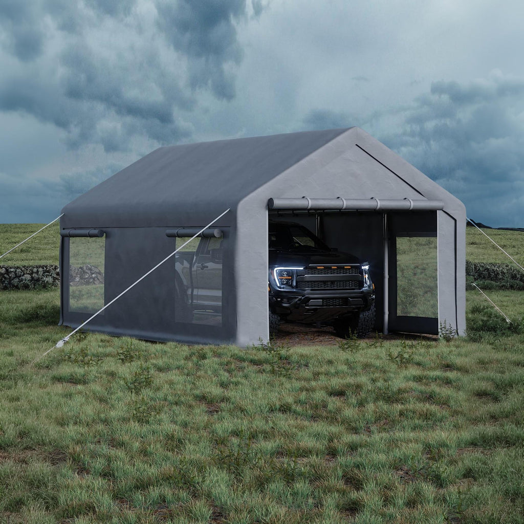 Garvee 12x20 ft Portable Garage Carport, 200 g PE Canopy Shelter with 2 Roll-Up Doors & 4 Windows, Heavy-Duty Metal Frame Storage Tent for Cars, Boats, Pickups & Outdoor Events, Gray