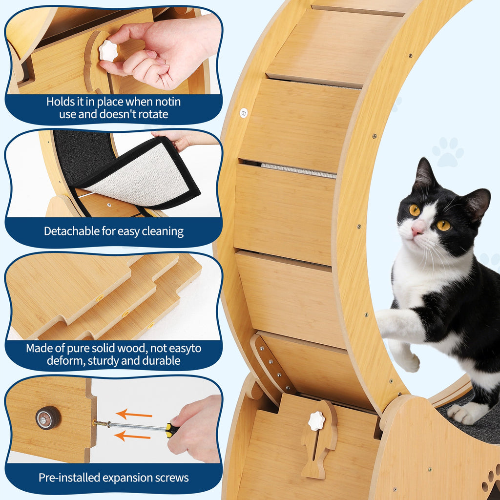 Garvee Quiet Wooden Cat Exercise Wheel - Indoor Cat Treadmill with Removable Carpeted Exercise Wheel - Safe Running & Training Wheel - Includes Teaser Toy - Natural Wood Color