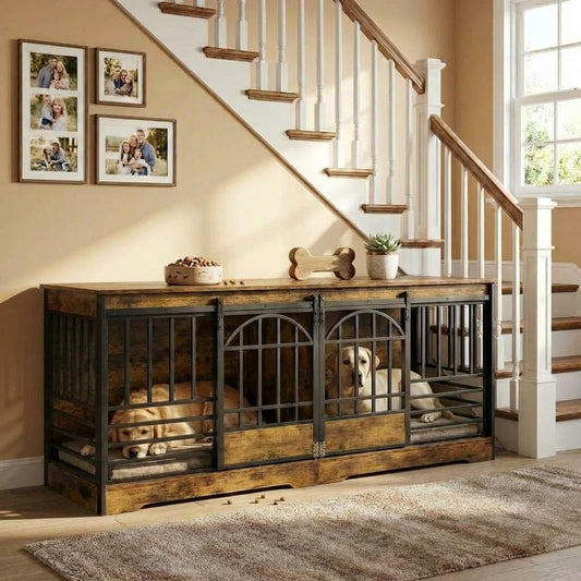 Garvee 78" Extra Large Dog Crate Furniture for 2 Dogs - Double Compartment, Sliding Barn Doors - Engineered Wood, Heavy Duty Steel Bars - Removable Divider, Farmhouse Style - Indoor Living Room, TV Stand