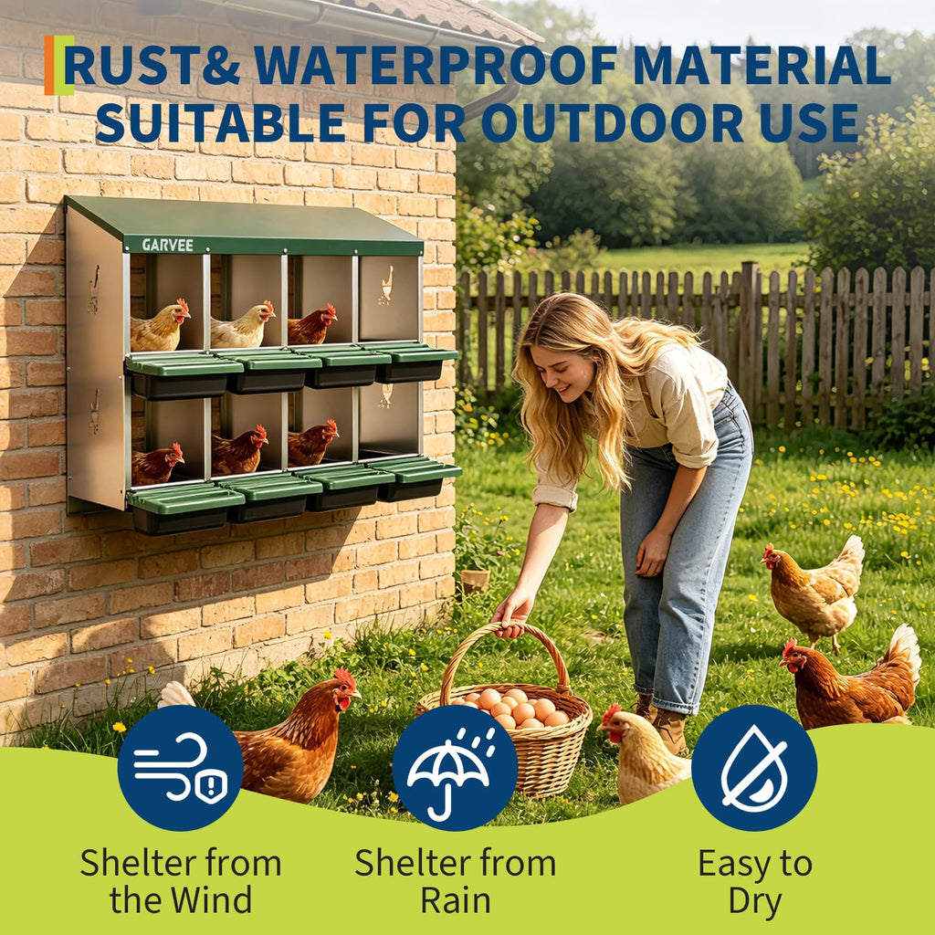 Garvee 8-Compartment Metal Chicken Nesting Box, Roll Away Layering Box with Sloped Anti-Perch Roof, 41.7"x12.8"x30.9", Green
