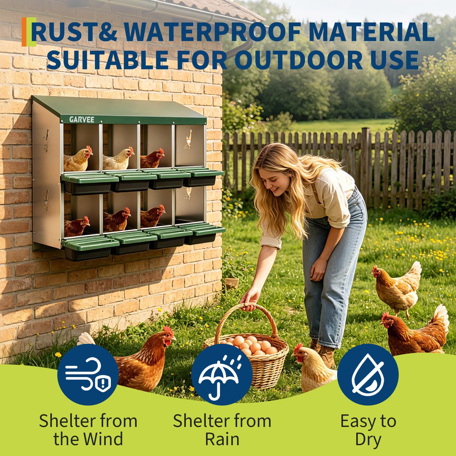 Garvee 8-Compartment Metal Chicken Nesting Box, Roll Away Layering Box with Sloped Anti-Perch Roof, 41.7"x12.8"x30.9", Green