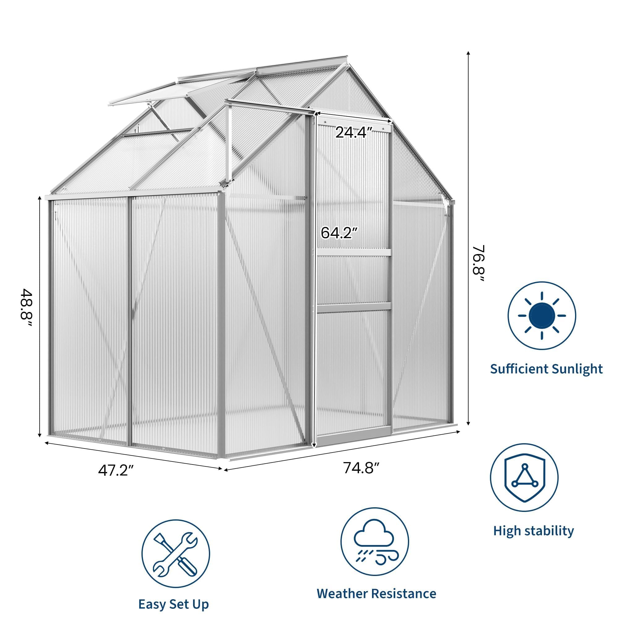 Garvee 6 x 4 FT Polycarbonate Greenhouse with Aluminum Frame, Sliding Door & Adjustable Roof Vent, Heavy-Duty Outdoor Greenhouse for Backyard, Garden, Patio