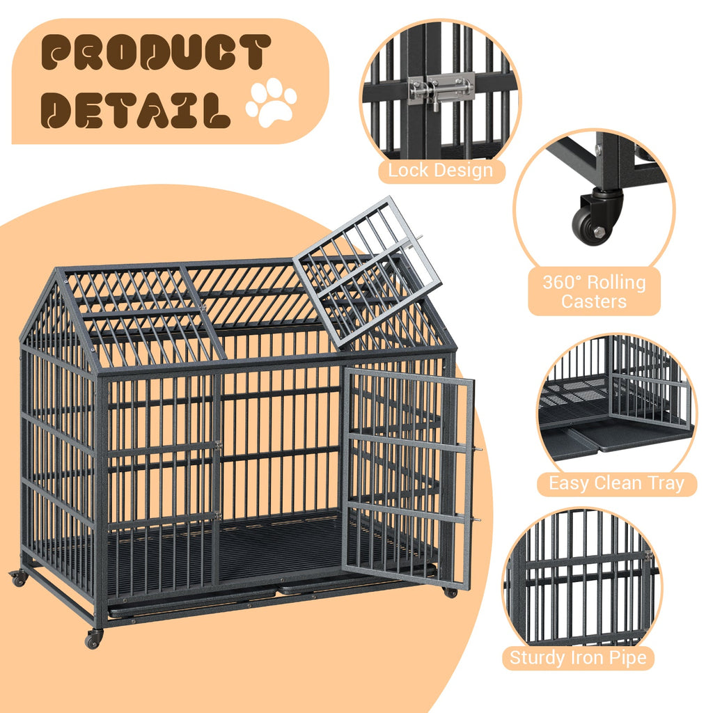 Garvee 52-Inch Escape-Proof Dog Crate, Indestructible Steel Dog Kennel with Locking Wheels, Anxiety Relief Pet Cage for Medium/Large Dogs, Indoor/Outdoor Use