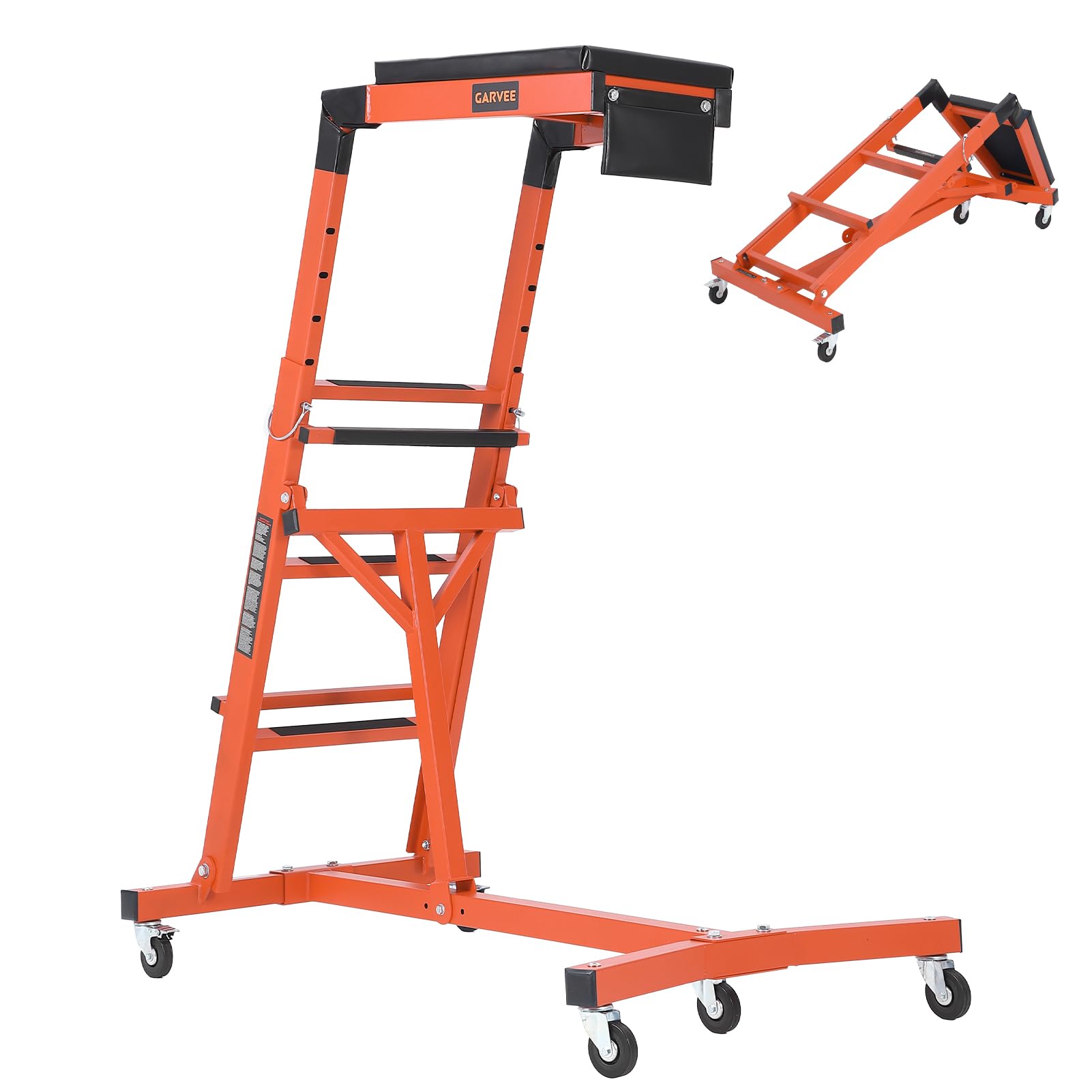 Garvee Automotive Engine Creeper with Adjustable Height & Padded Deck, Heavy-Duty Steel, Lockable Casters, Foldable for Jeeps & Trucks, Orange