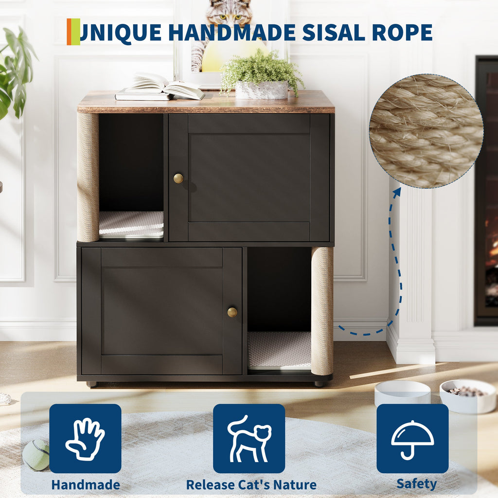 Garvee Double Cat Litter Box Enclosure for 2 Cats – 2-Tier Corner Cabinet with Marking Post, Litter Mats, Large Particle Board, Cat Washroom, Bed & Pet Waste Storage – Basic Black Model