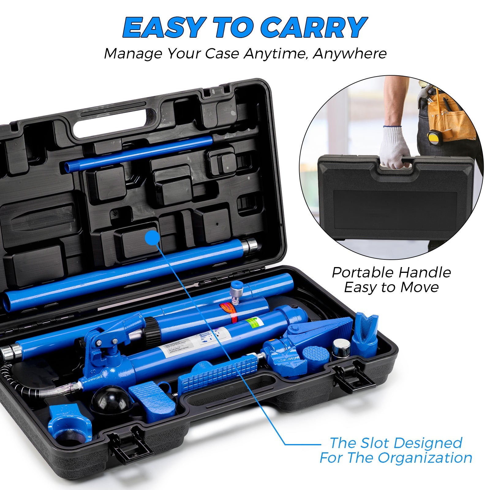 Garvee 10 Ton Porta Power Hydraulic Jack Kit, Multifunctional Hydraulic Jack with 4.6ft (1.4m) Oil Hose, Auto Body Frame Repair Kit, Storage Case, 22,000 lbs Capacity for Car Repair, Truck, and Garage, Blue