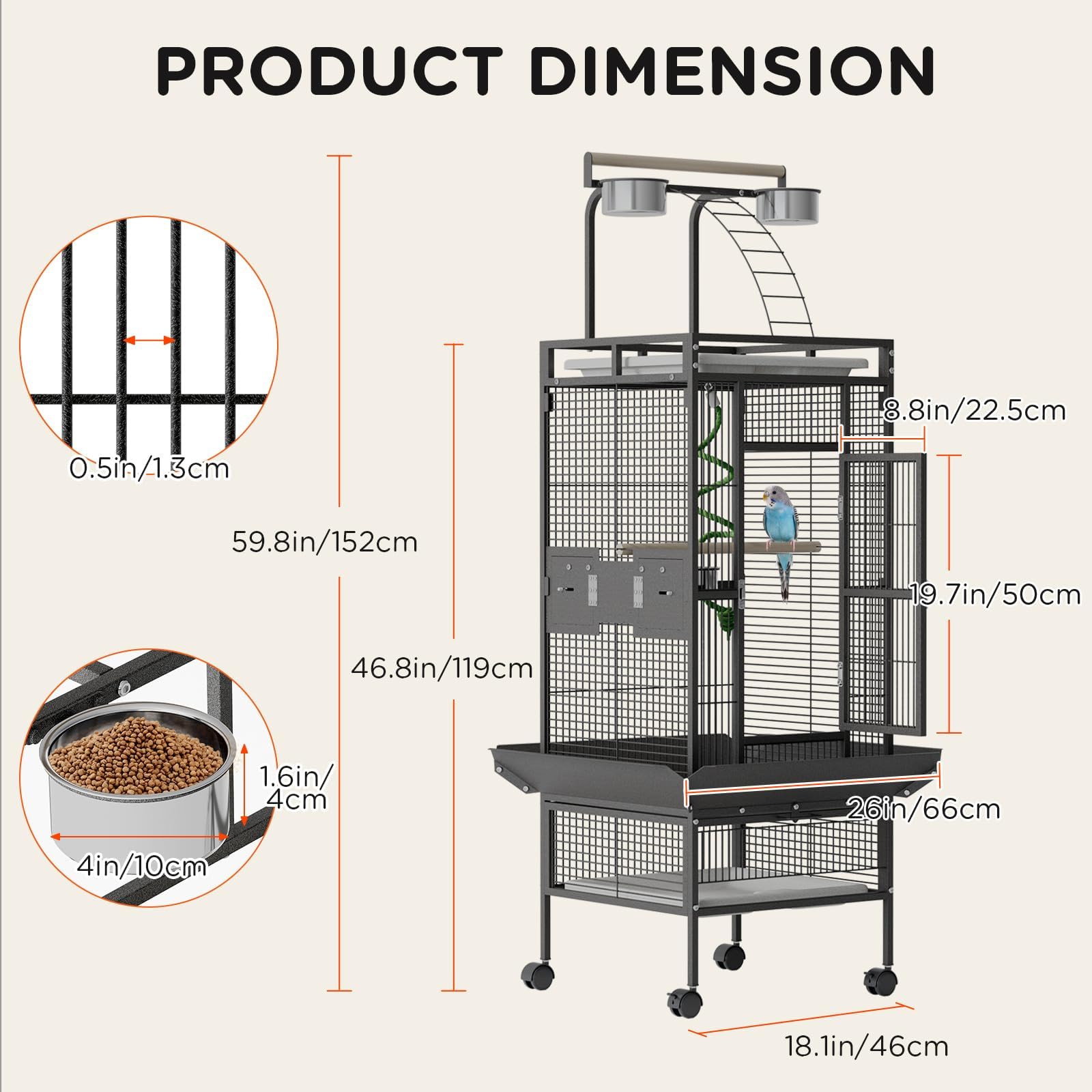 Garvee 60 Inch Wrought Iron Large Bird Flight Cage with Rolling Stand, Play Top & 4 Stainless Steel Bowls, Flight Parrot Cage for African Grey, Cockatiel, Conure, Parakeet, Budgie, Lovebird, Black