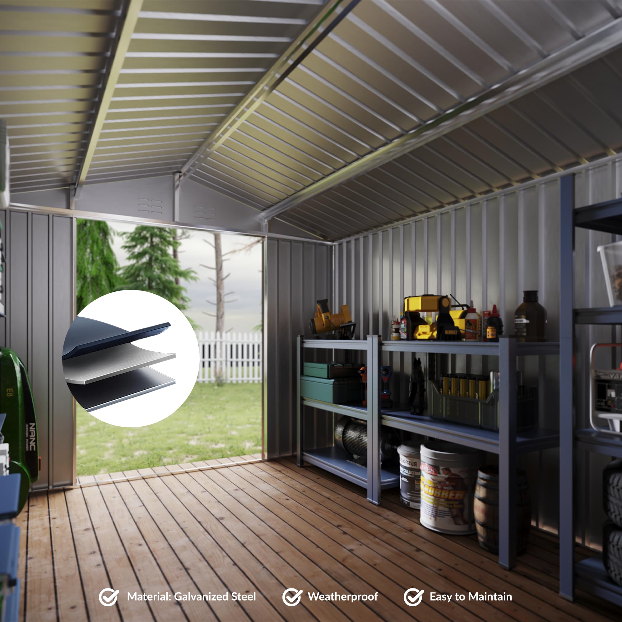 Garvee Spacious 8x12 FT Metal Outdoor Storage Outdoor Storage - Reinforced Frame, Lockable T-Type Door, Weatherproof, Ideal for Garden Tools & Bikes - Brown with Dark Roof