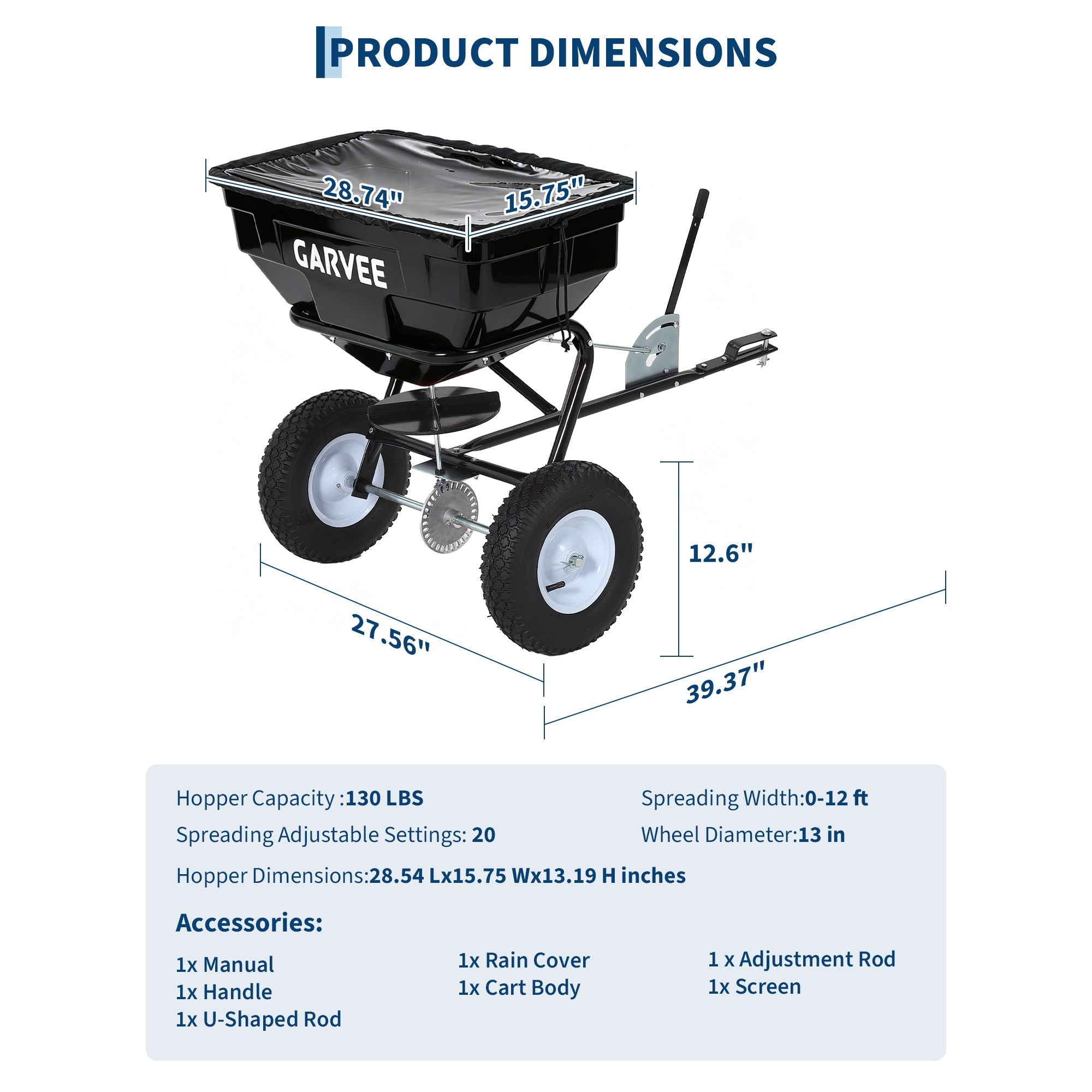 Garvee 130 lb Tow-Behind Broadcast Spreader, Heavy-Duty Lawn & Garden Spreader with 0–12 ft Coverage, Universal Hitch, 13" Pneumatic Tires & 20-Level Flow Control for ATV, UTV & Riding Mower, Black