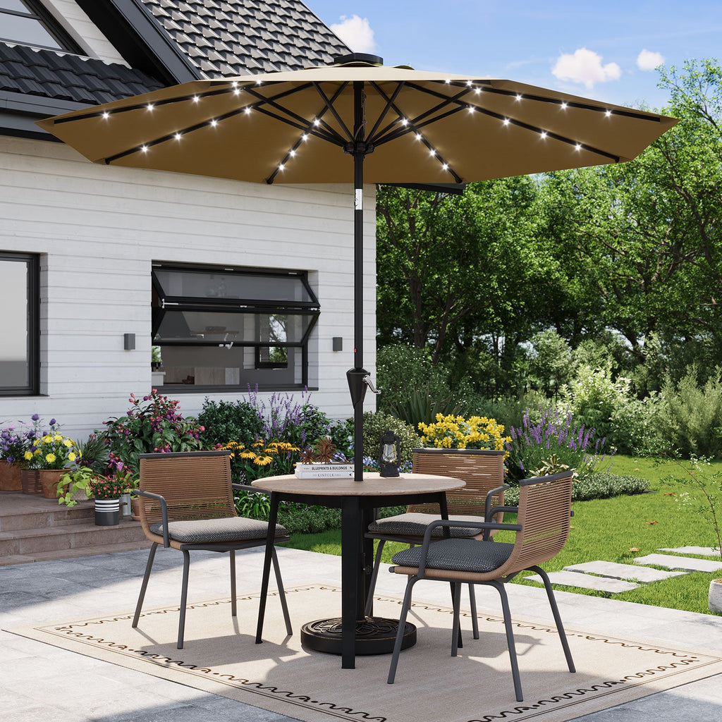 Garvee 9FT Solar LED Patio Umbrella, Waterproof Outdoor Market Table Umbrella with 8 Ribs, Crank Lift, Push Button Tilt, UV Protection for Garden, Pool & Deck, Khaki