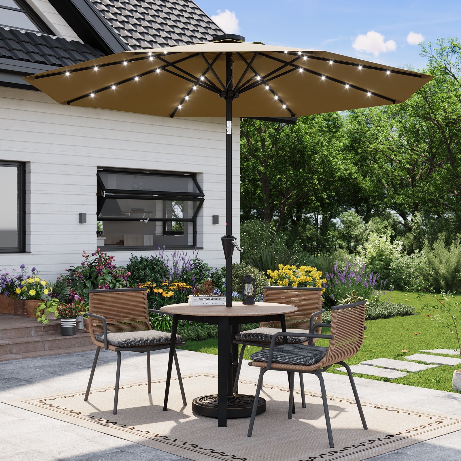 Garvee 9FT Solar LED Patio Umbrella, Waterproof Outdoor Market Table Umbrella with 8 Ribs, Crank Lift, Push Button Tilt, UV Protection for Garden, Pool & Deck, Khaki
