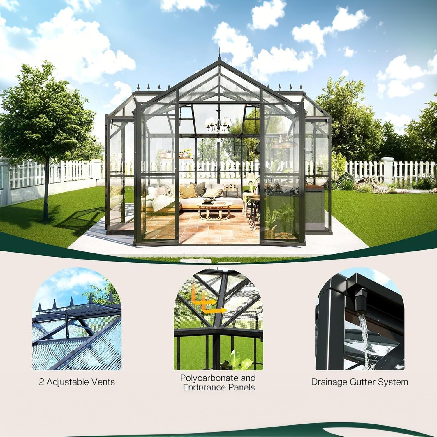 Garvee Walk-in Greenhouse 12×12 ft, 6mm Twin-Wall Polycarbonate Panels, 7 ft Peak Aluminum Frame with Roof Vent for Backyard Garden