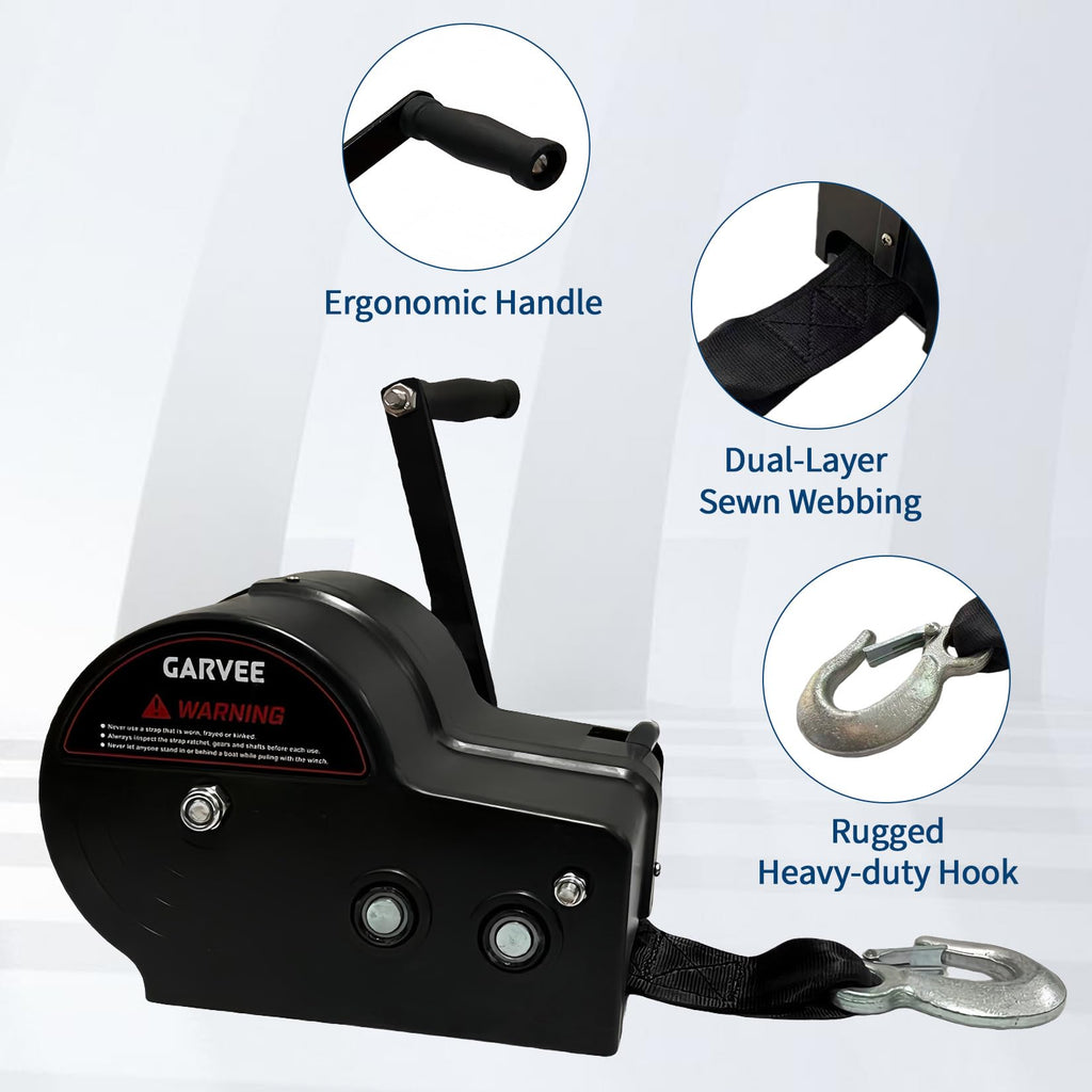 Garvee 3500 lbs Heavy-Duty Boat Trailer Winch - Hand Crank Winch with 33ft Strap, 4:1/8:1 Gear Ratio for Towing and Pulling Boats, Trailers, Trucks, RVs, ATVs, Jet Skis, and Off-Road Recovery, Black